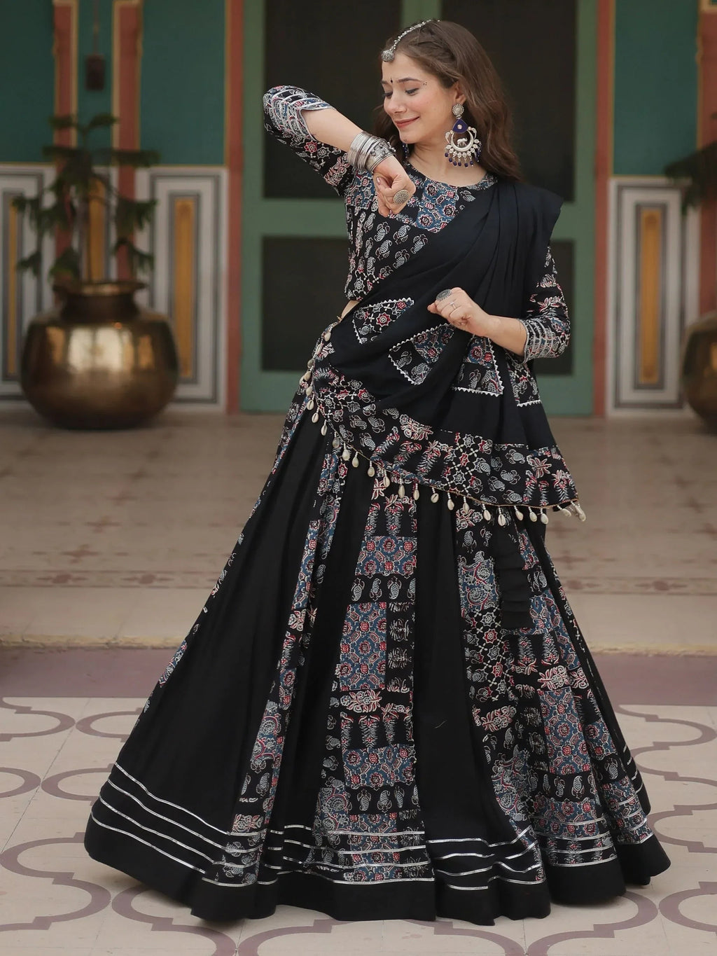 Dazzling Black Printed Rayon Navratri Wear Lehenga Choli With Dupatta