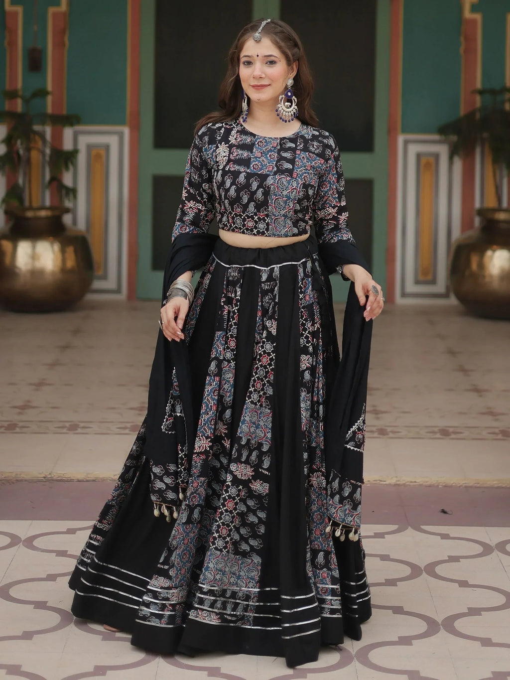 Dazzling Black Printed Rayon Navratri Wear Lehenga Choli With Dupatta