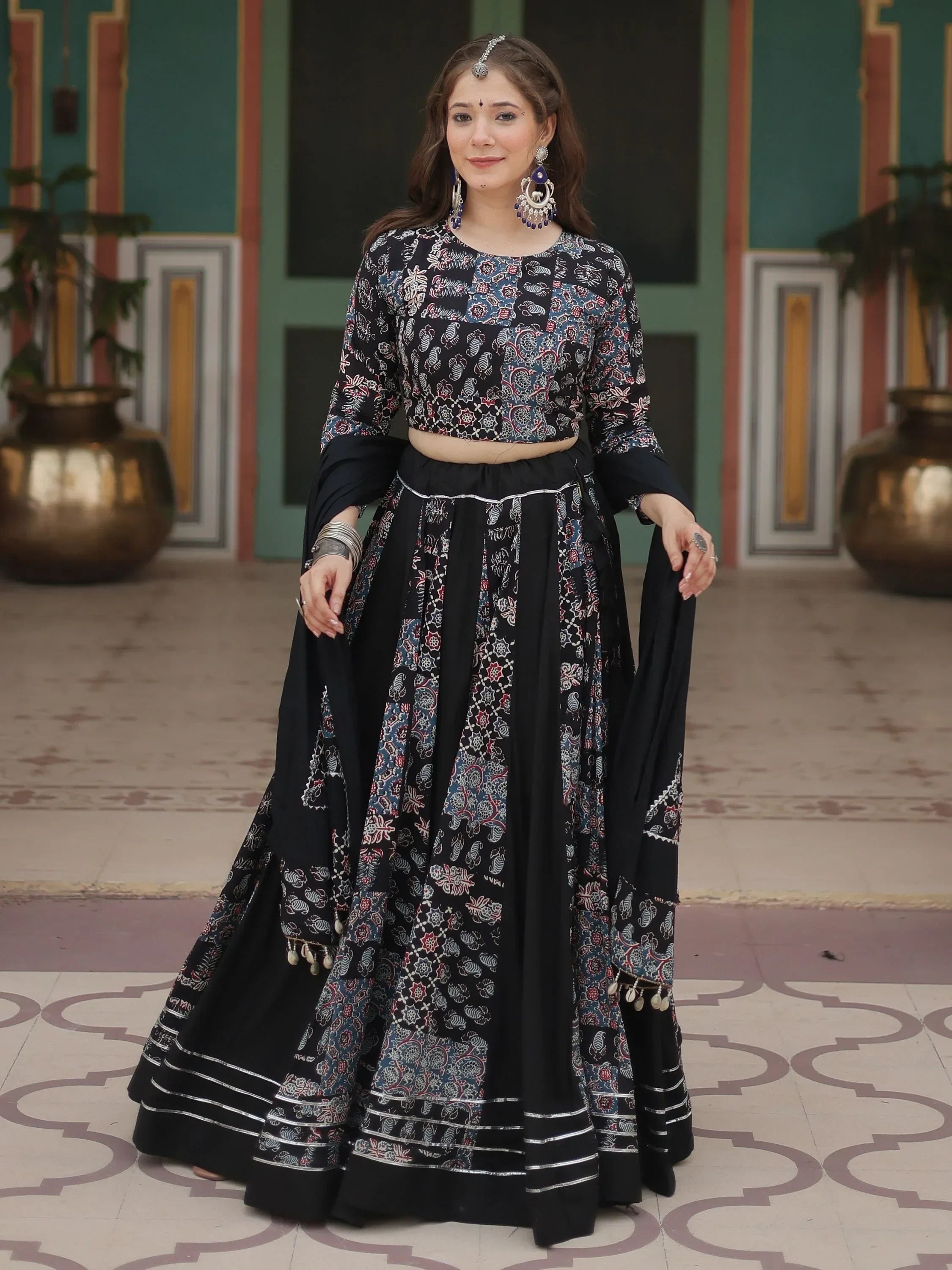 Dazzling Black Printed Rayon Navratri Wear Lehenga Choli With Dupatta