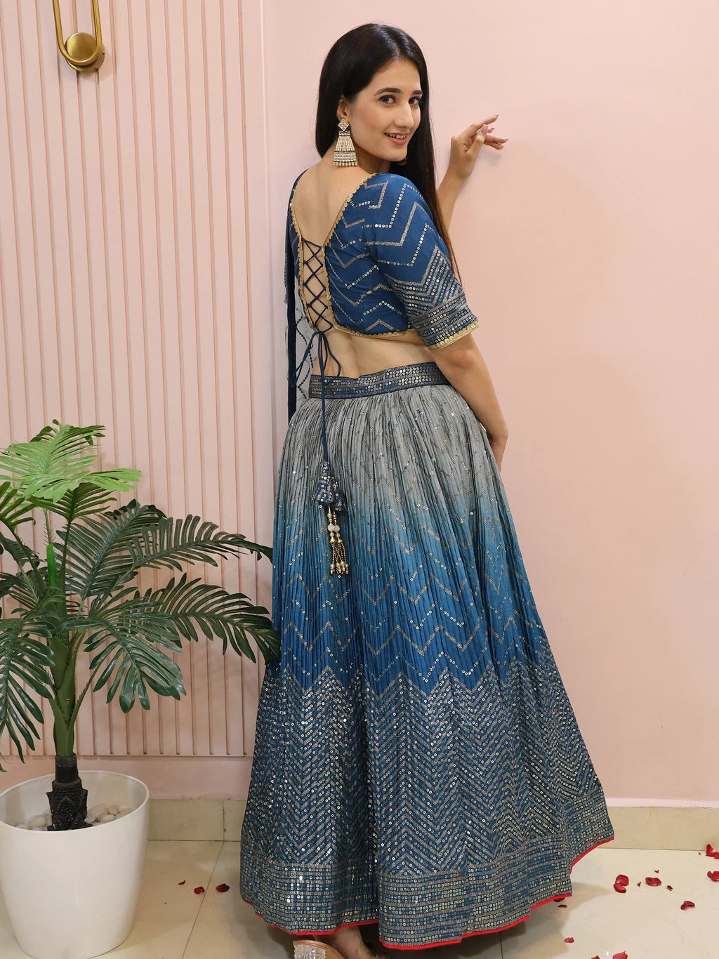 Dazzling Blue Chinon Sequins Party Wear Lehenga Choli