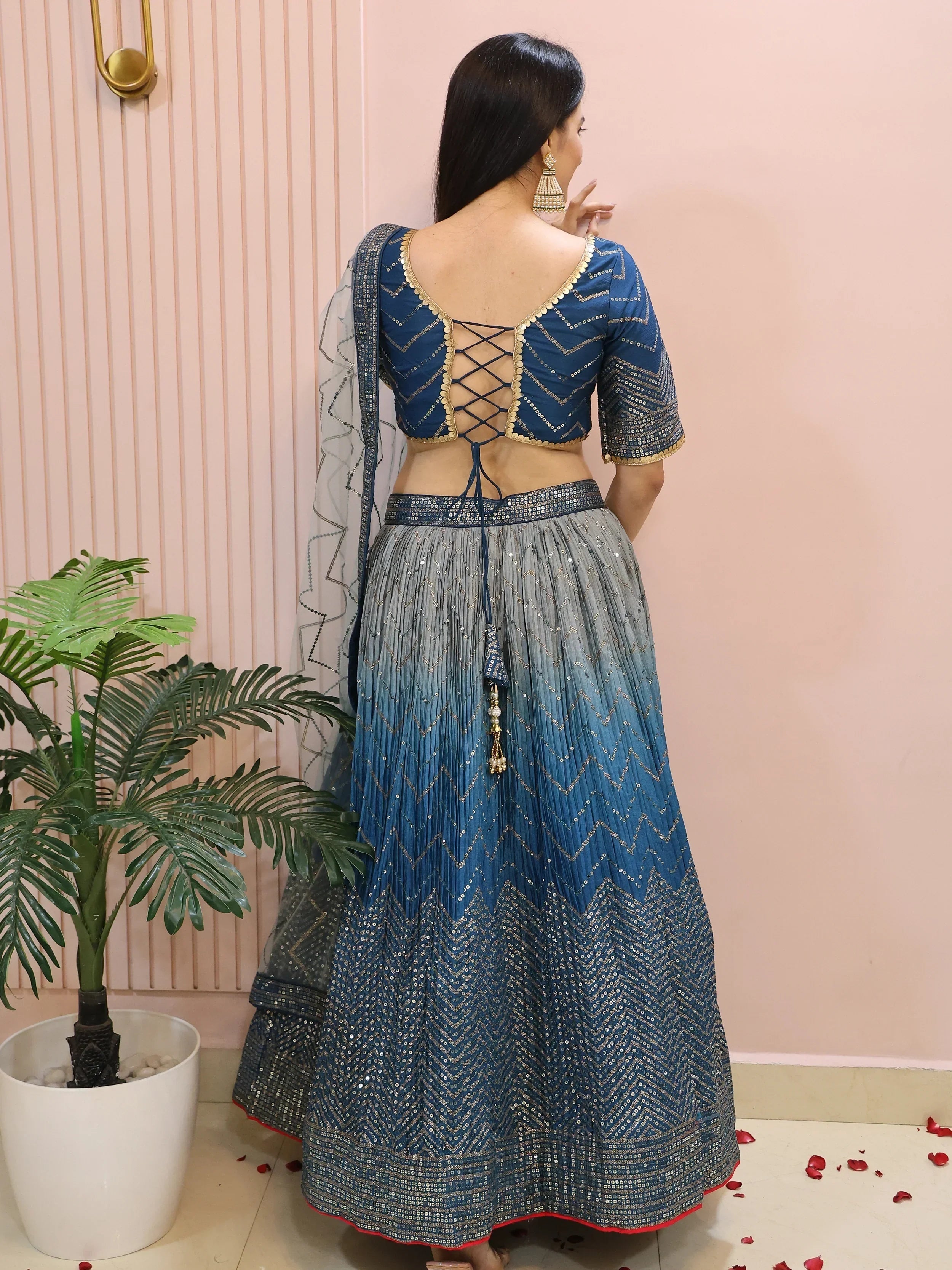 Dazzling Blue Chinon Sequins Party Wear Lehenga Choli
