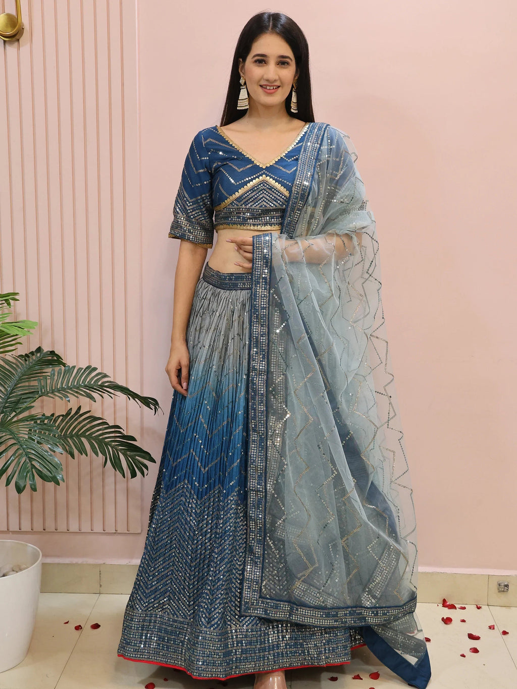 Dazzling Blue Chinon Sequins Party Wear Lehenga Choli