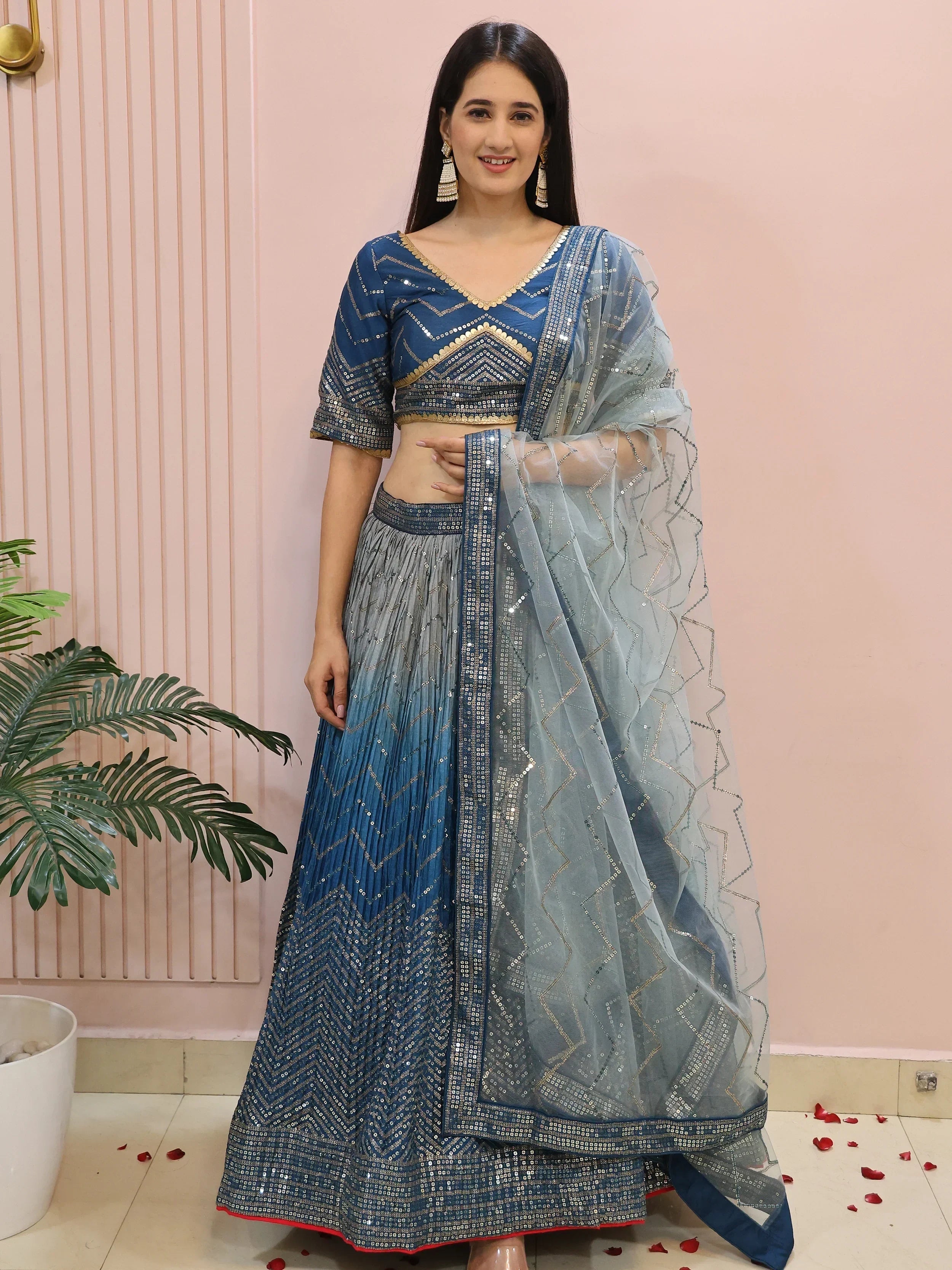 Dazzling Blue Chinon Sequins Party Wear Lehenga Choli