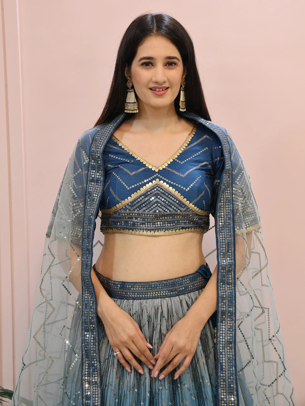 Dazzling Blue Chinon Sequins Party Wear Lehenga Choli