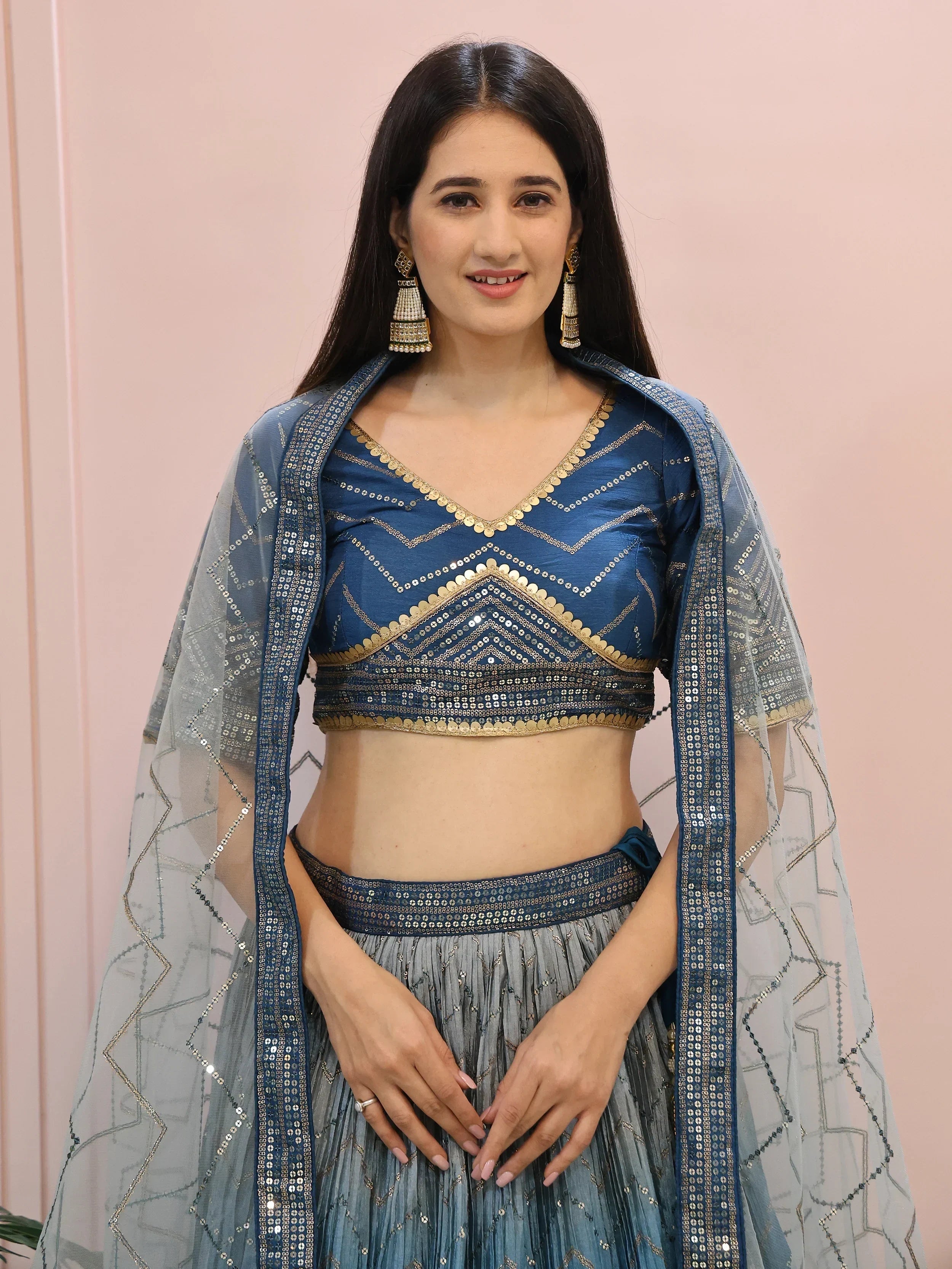 Dazzling Blue Chinon Sequins Party Wear Lehenga Choli