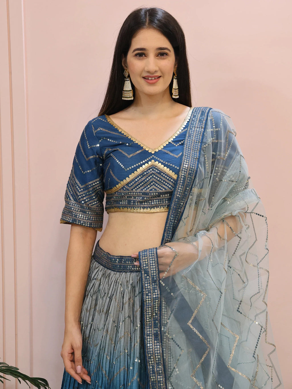Dazzling Blue Chinon Sequins Party Wear Lehenga Choli