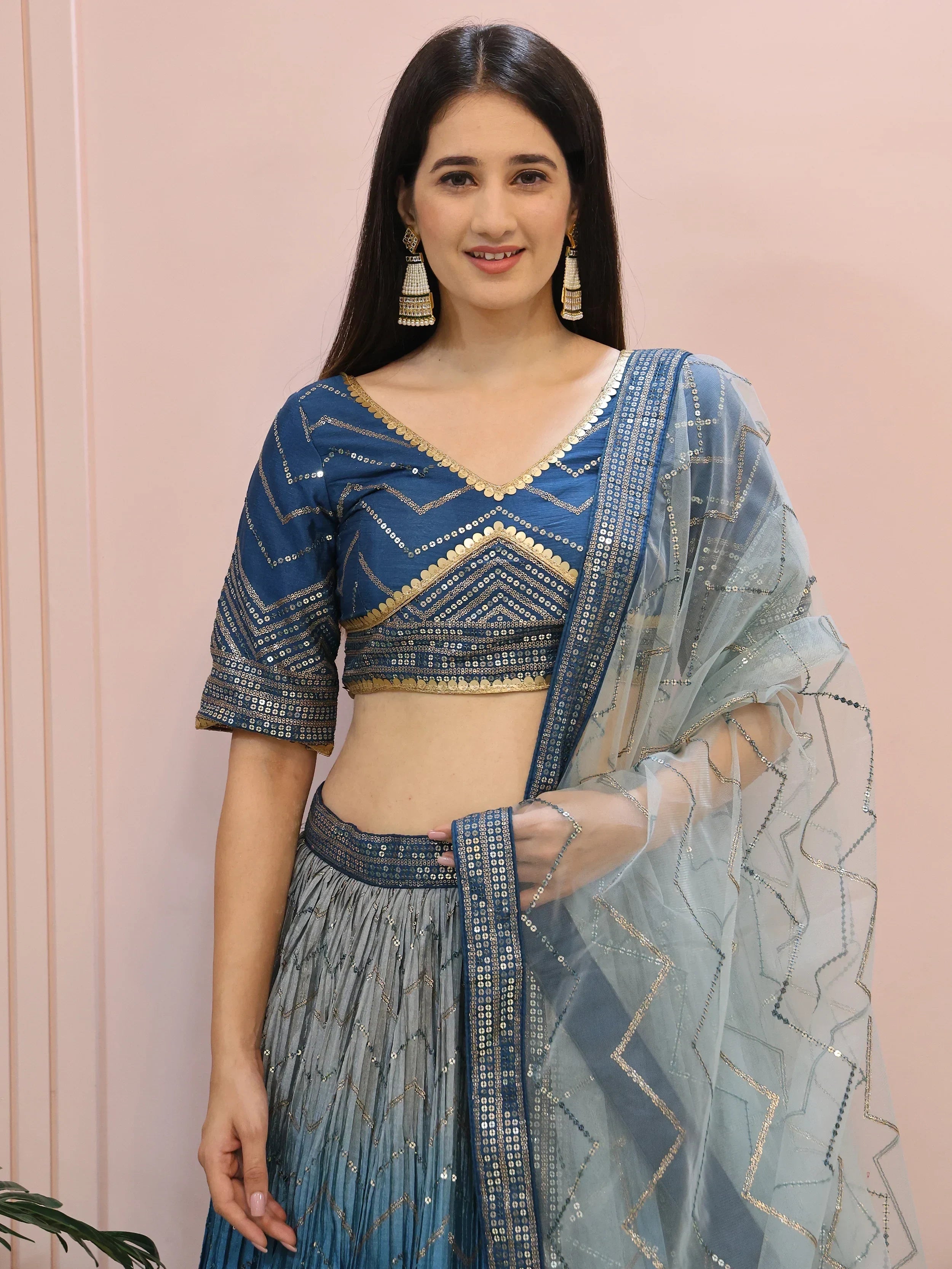 Dazzling Blue Chinon Sequins Party Wear Lehenga Choli