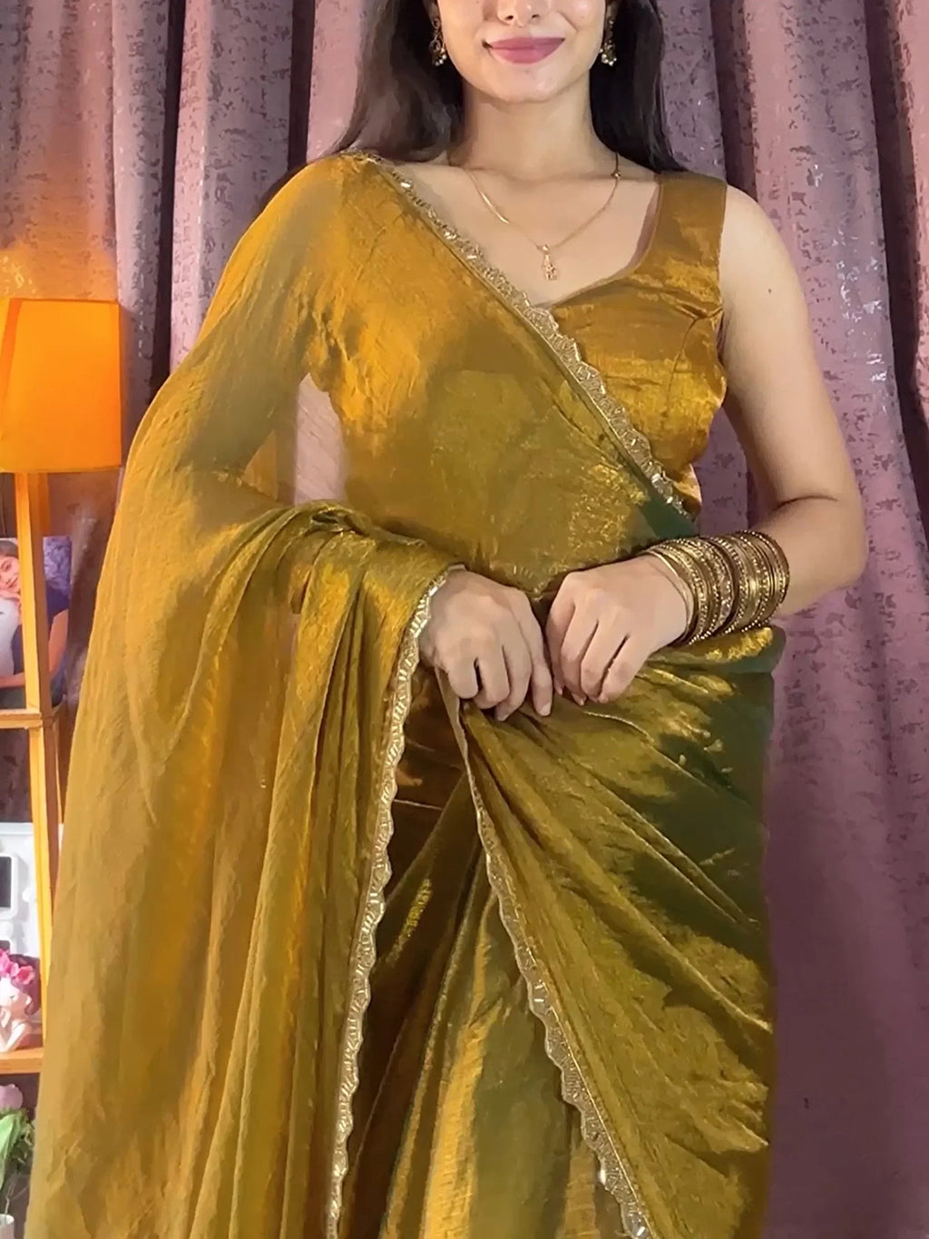 Dazzling Mehendi Beads Work Soft Silk Saree With Blouse