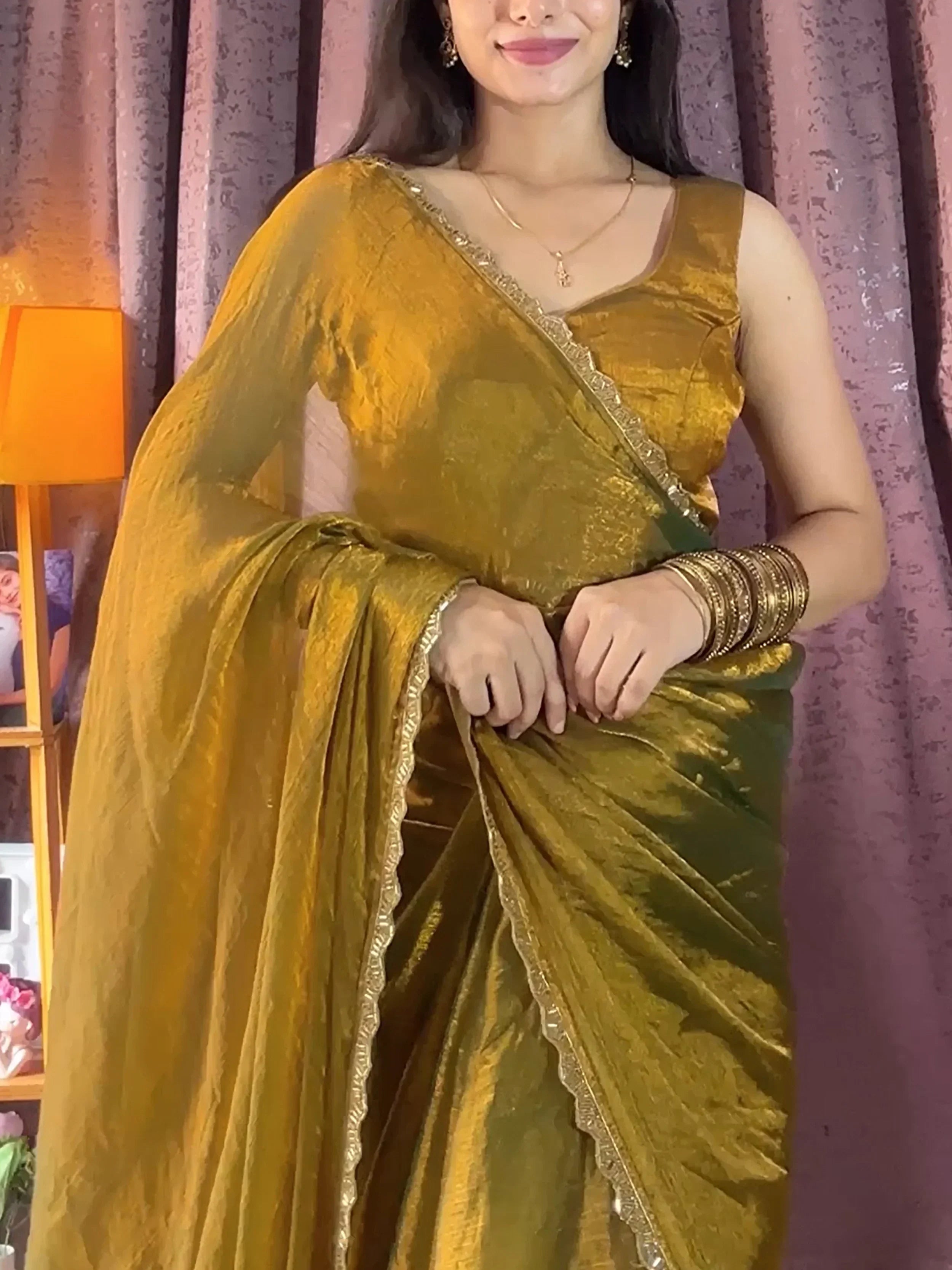 Dazzling Mehendi Beads Work Soft Silk Saree With Blouse