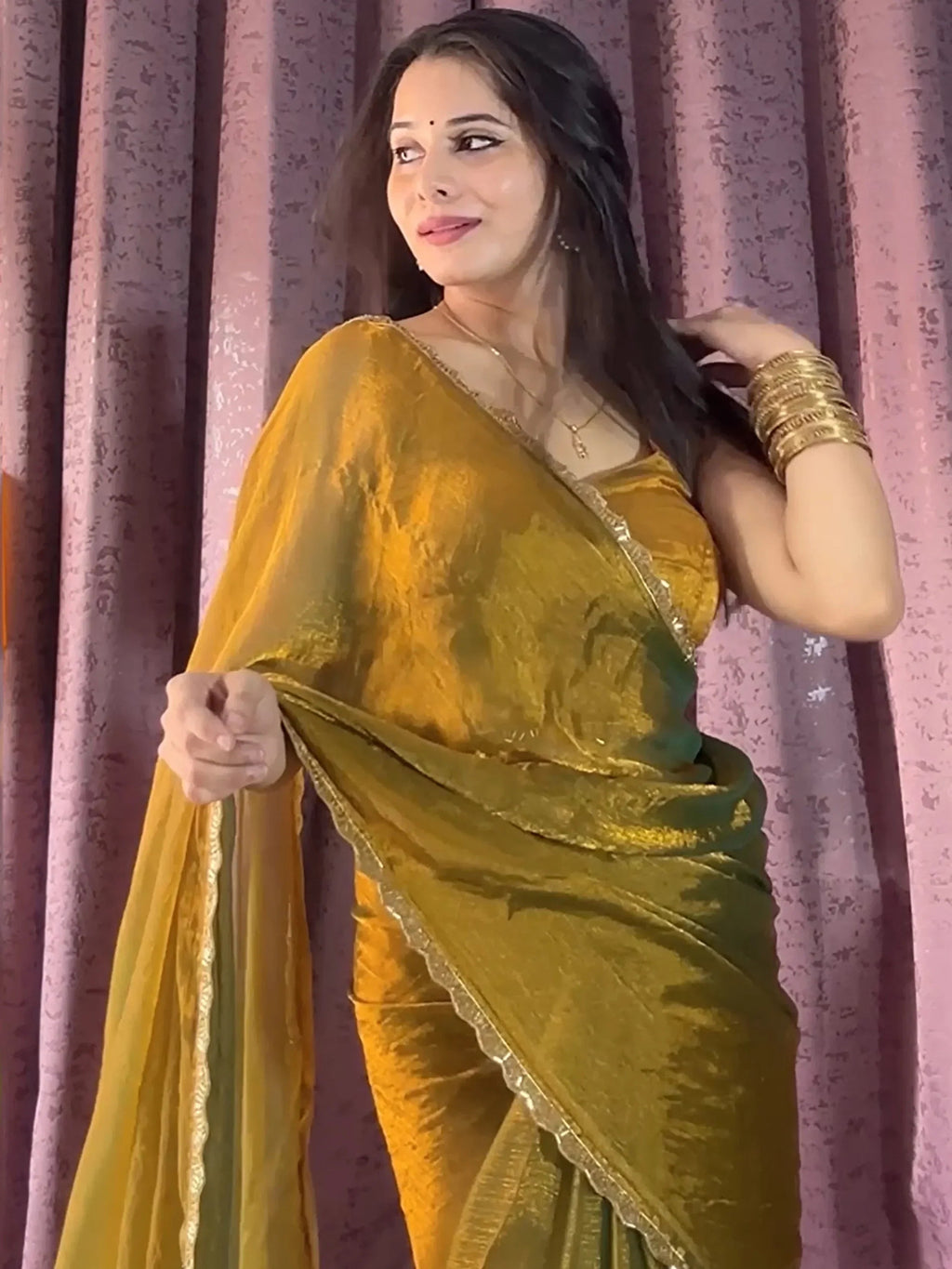 Dazzling Mehendi Beads Work Soft Silk Saree With Blouse