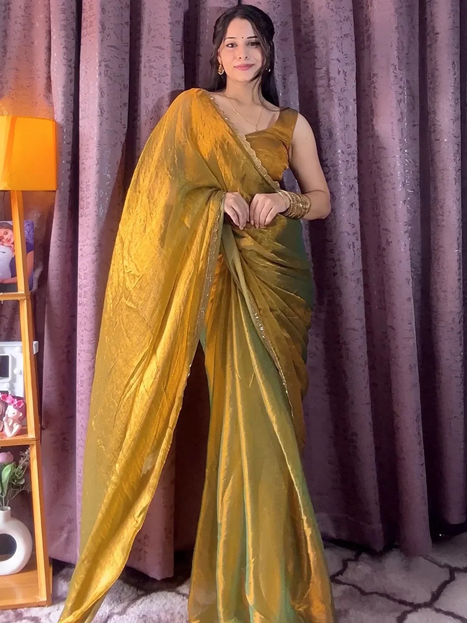 Dazzling Mehendi Beads Work Soft Silk Saree With Blouse