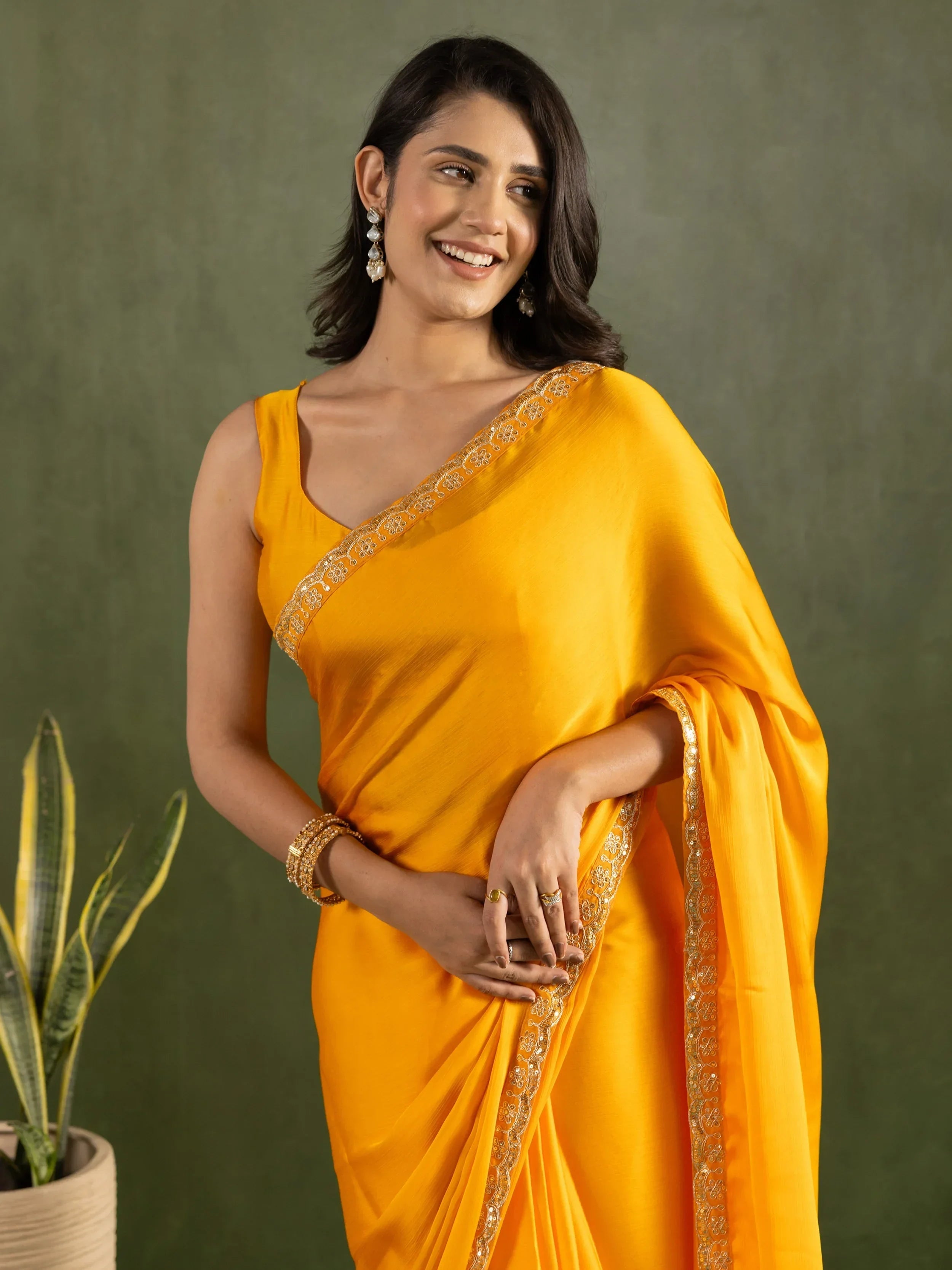 Mustard Majestic Bordered Chiffon One Minute Saree With Blouse