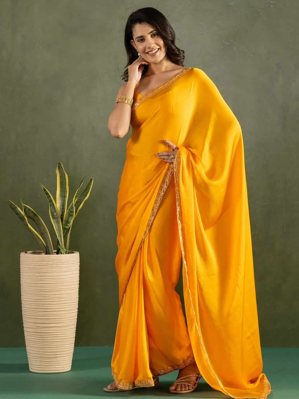 Mustard Majestic Bordered Chiffon One Minute Saree With Blouse