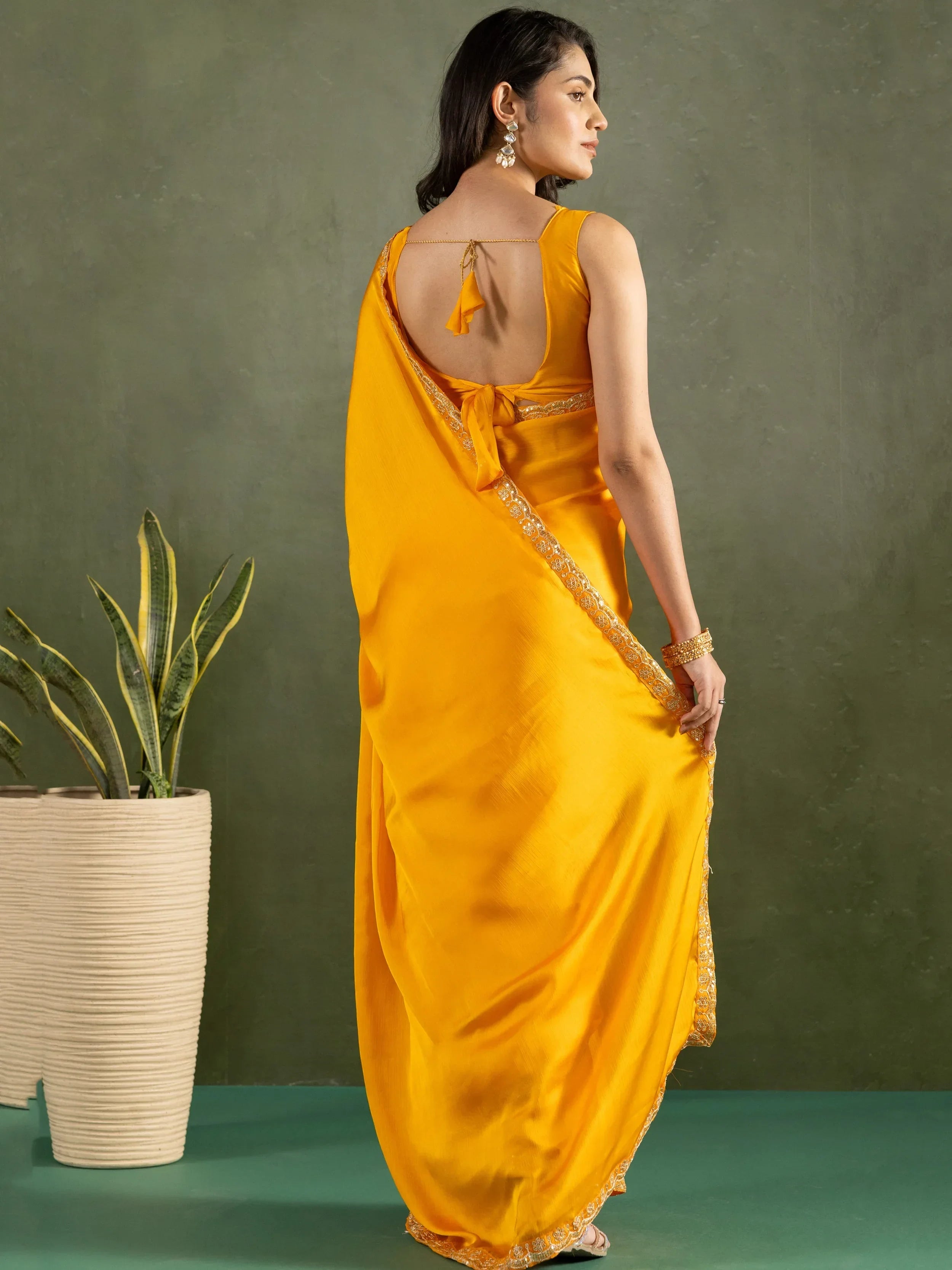 Mustard Majestic Bordered Chiffon One Minute Saree With Blouse