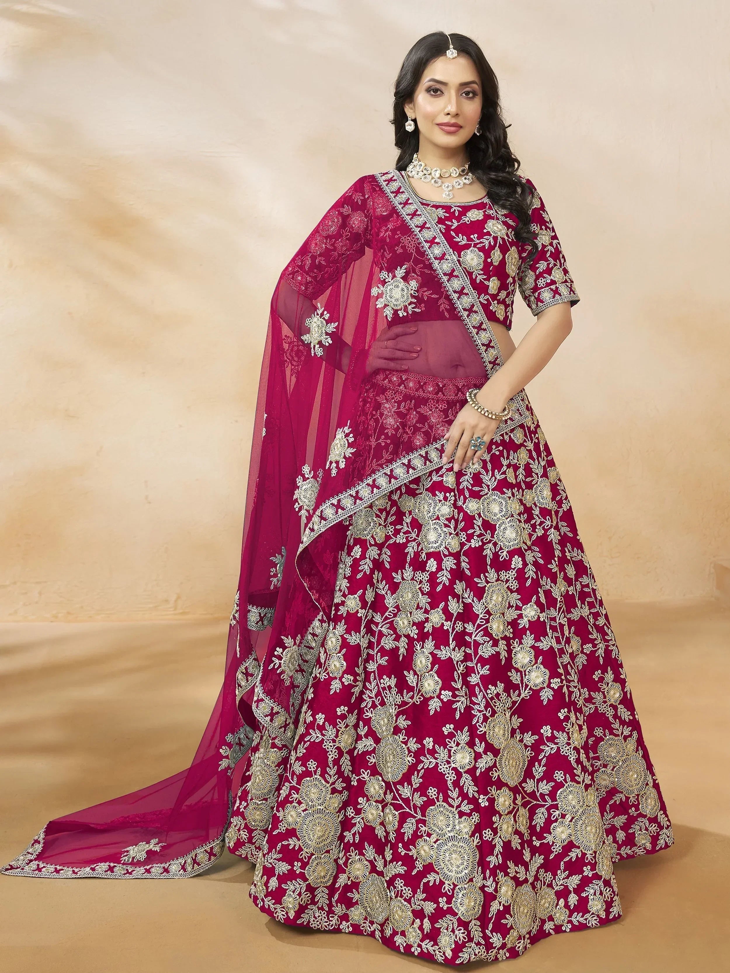 Pink Attractive Silk Embroidered Lehenga Choli With Dupatta