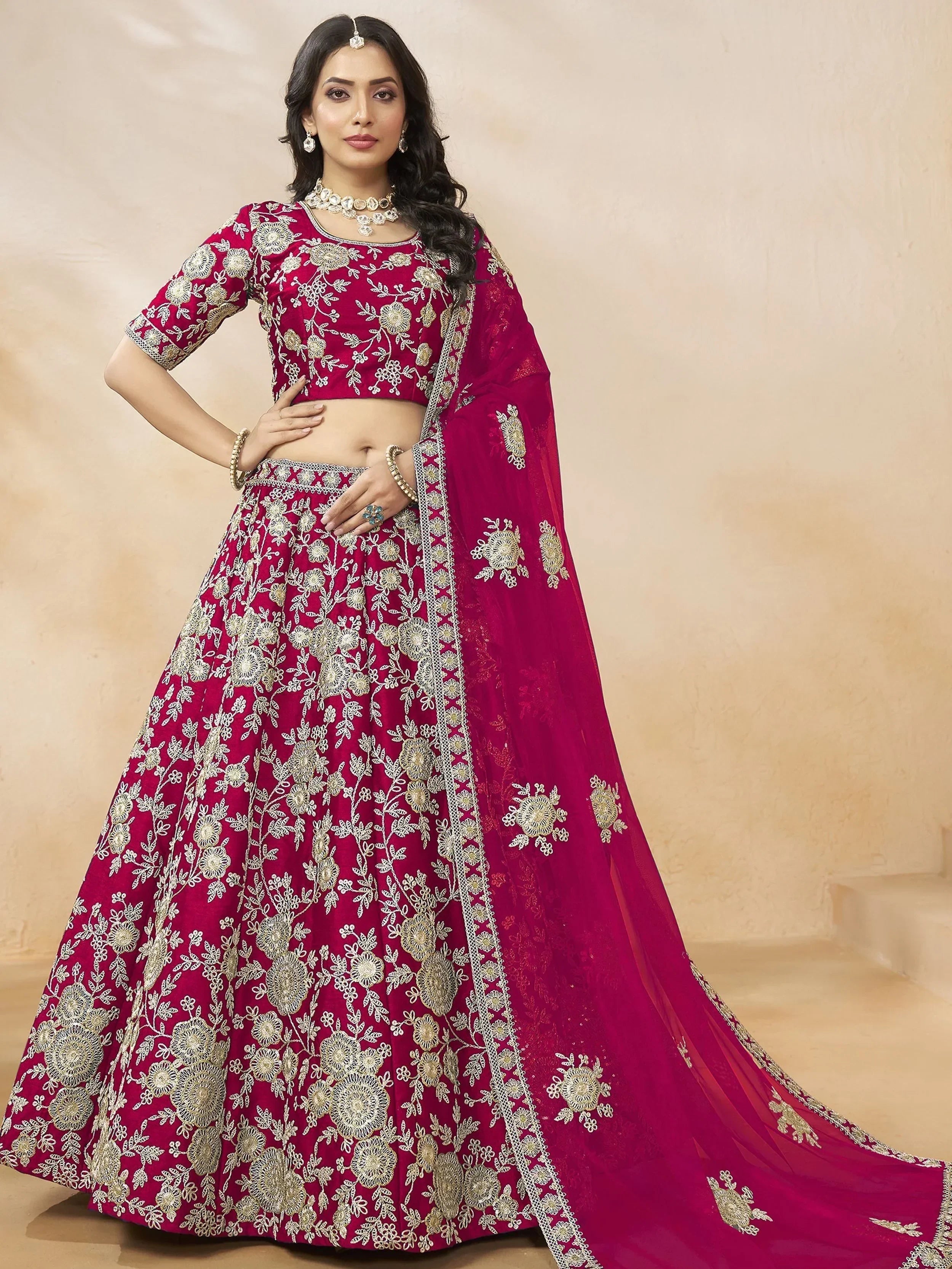 Pink Attractive Silk Embroidered Lehenga Choli With Dupatta