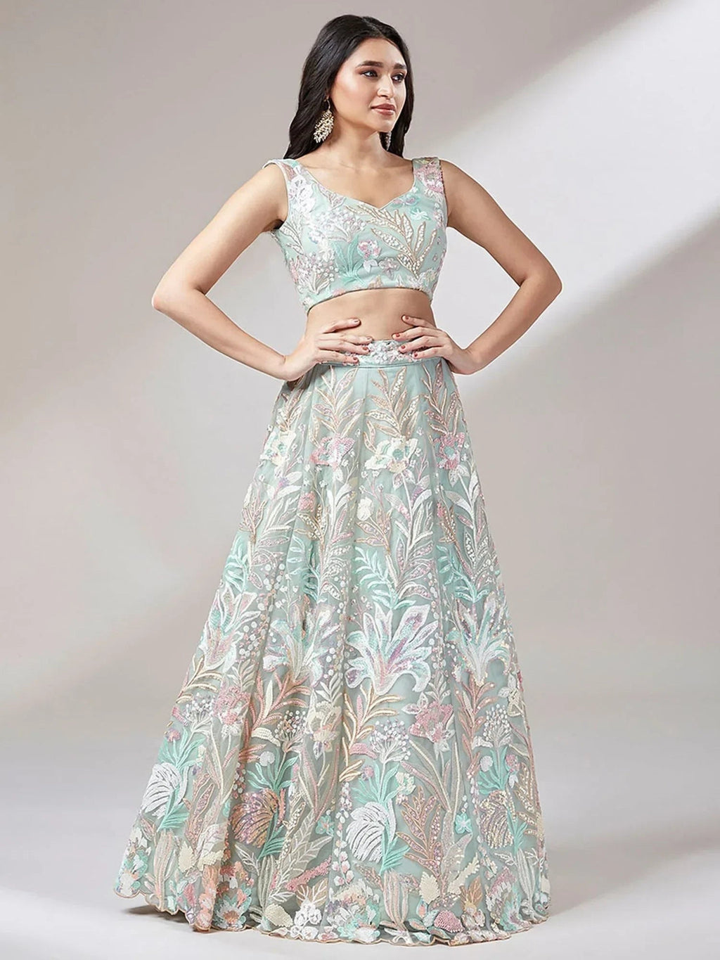 Green Ravishing Color Sequins Soft Net Party Wear Lehenga Choli