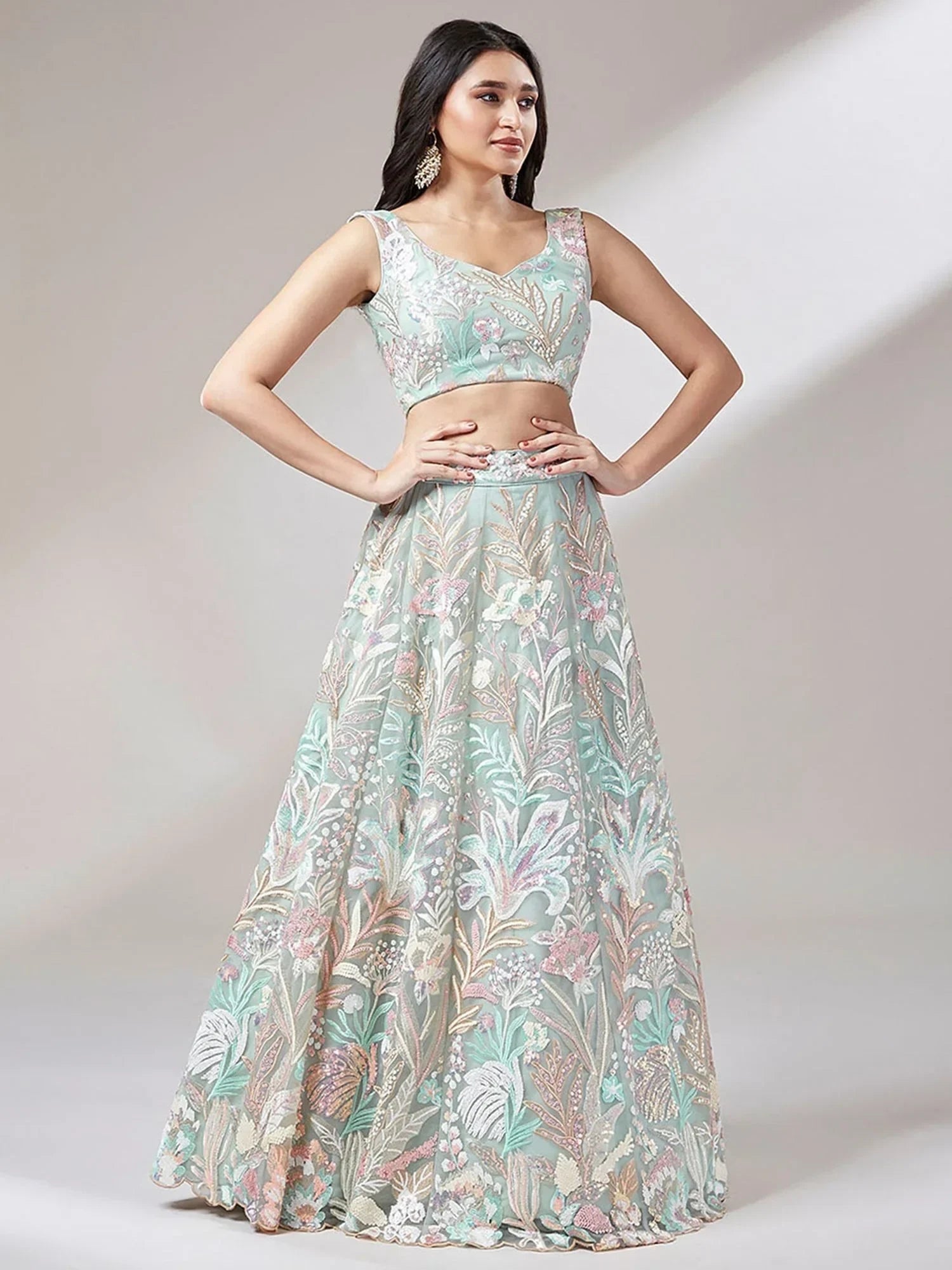 Green Ravishing Color Sequins Soft Net Party Wear Lehenga Choli