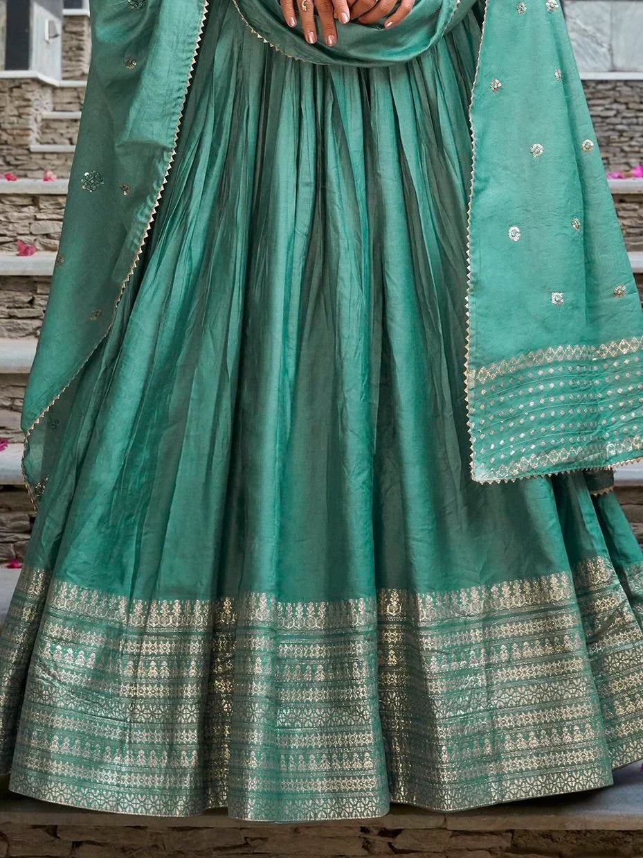 Sea Green Awesome Zari Weaving Chanderi Silk Festive Wear Lehenga Choli