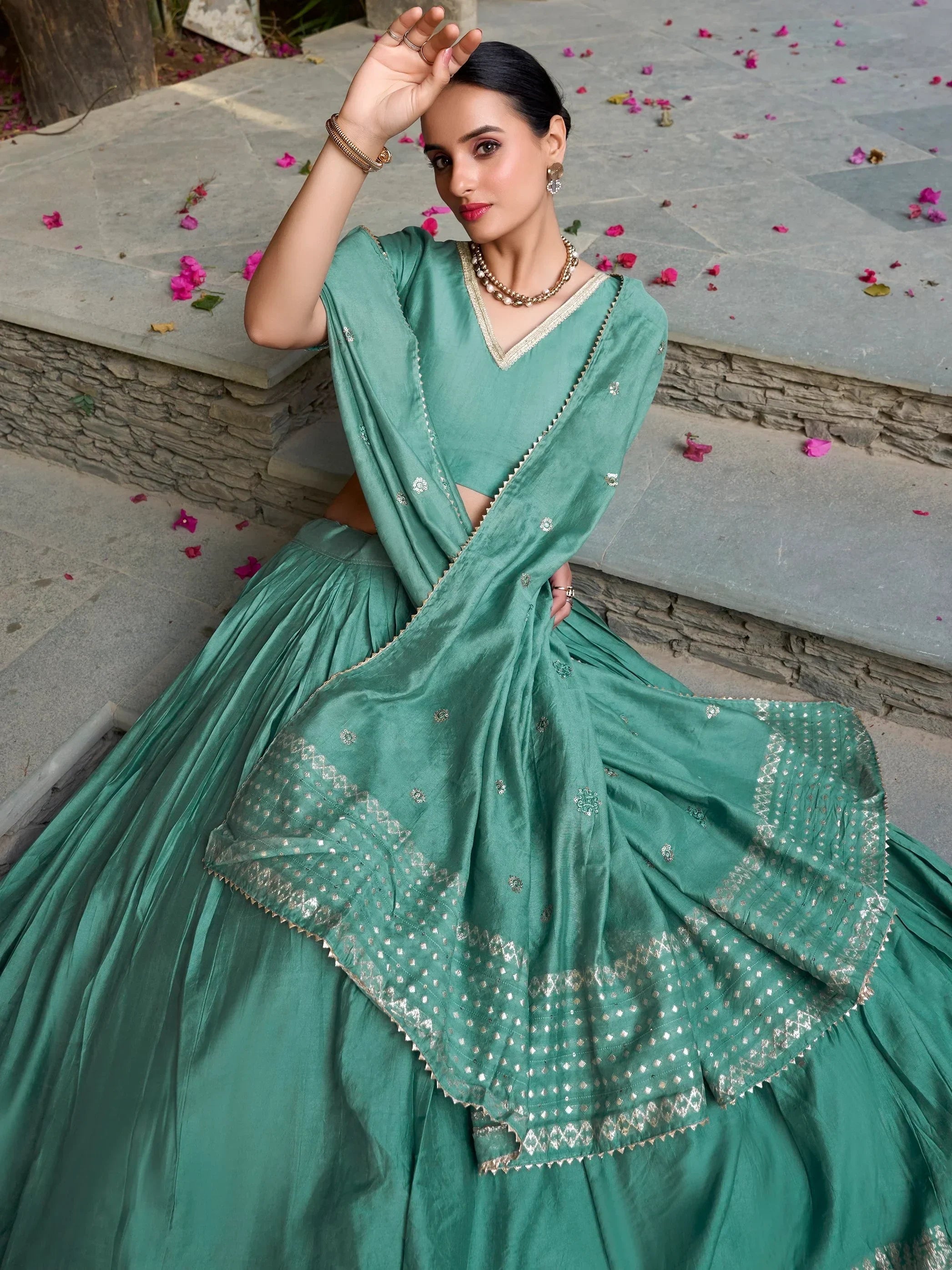 Sea Green Awesome Zari Weaving Chanderi Silk Festive Wear Lehenga Choli