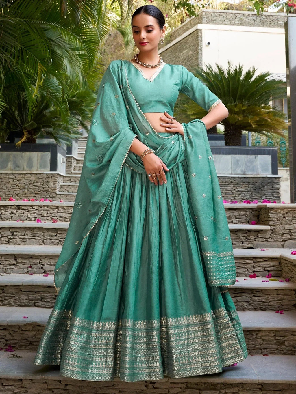 Sea Green Awesome Zari Weaving Chanderi Silk Festive Wear Lehenga Choli