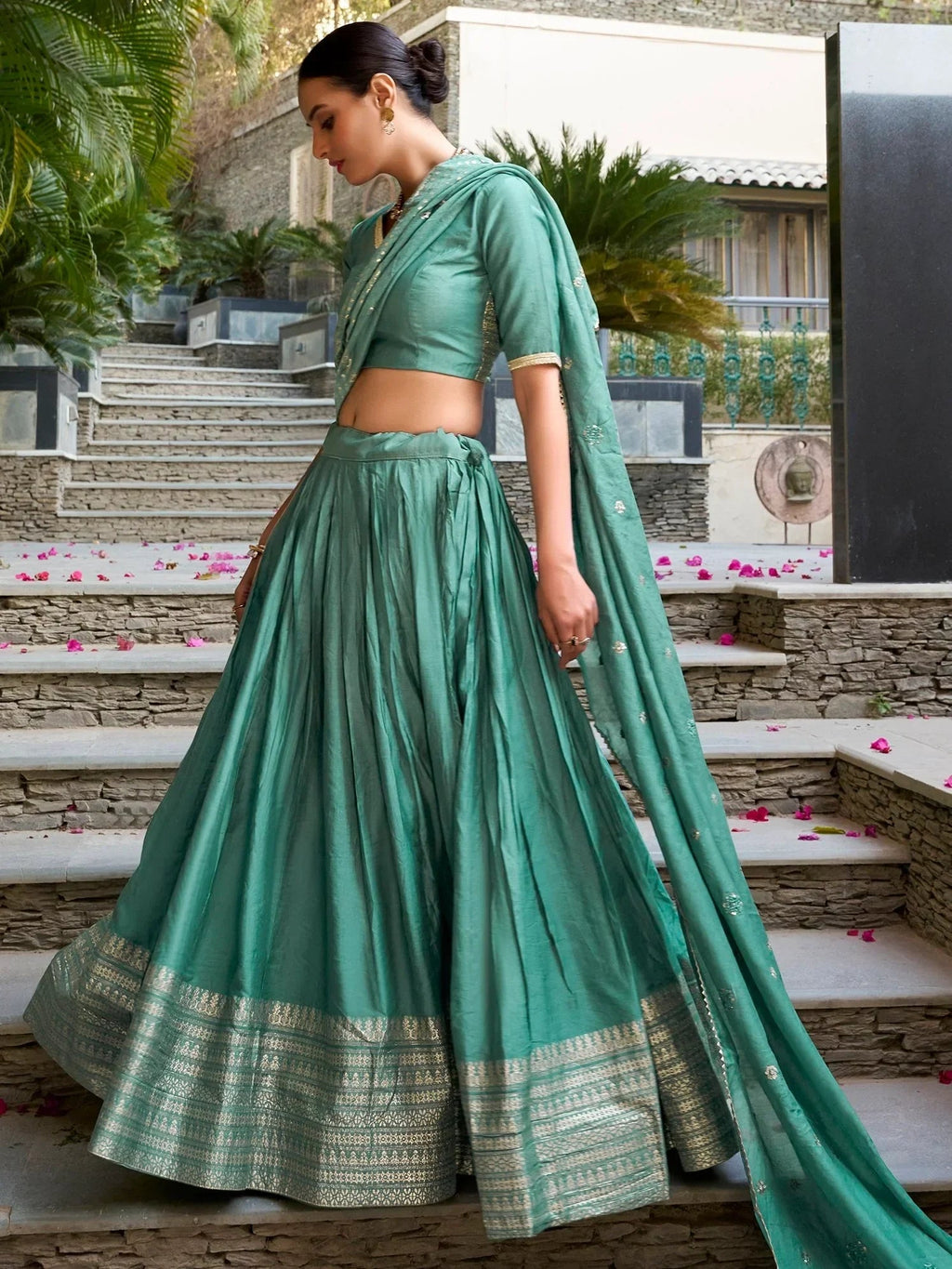 Sea Green Awesome Zari Weaving Chanderi Silk Festive Wear Lehenga Choli