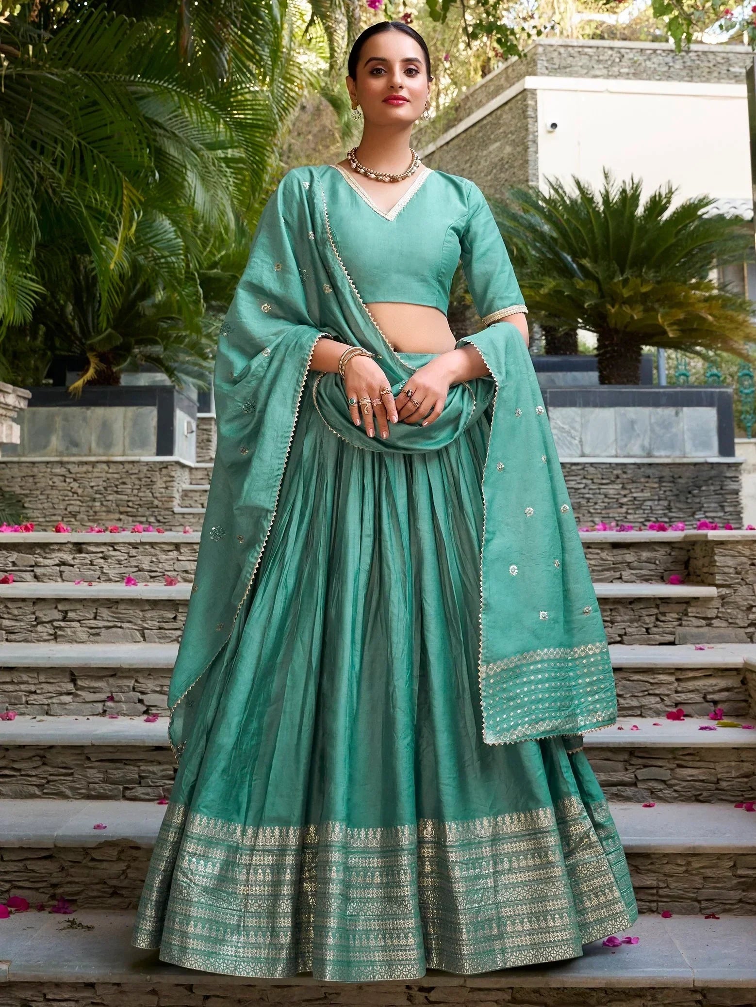 Sea Green Awesome Zari Weaving Chanderi Silk Festive Wear Lehenga Choli