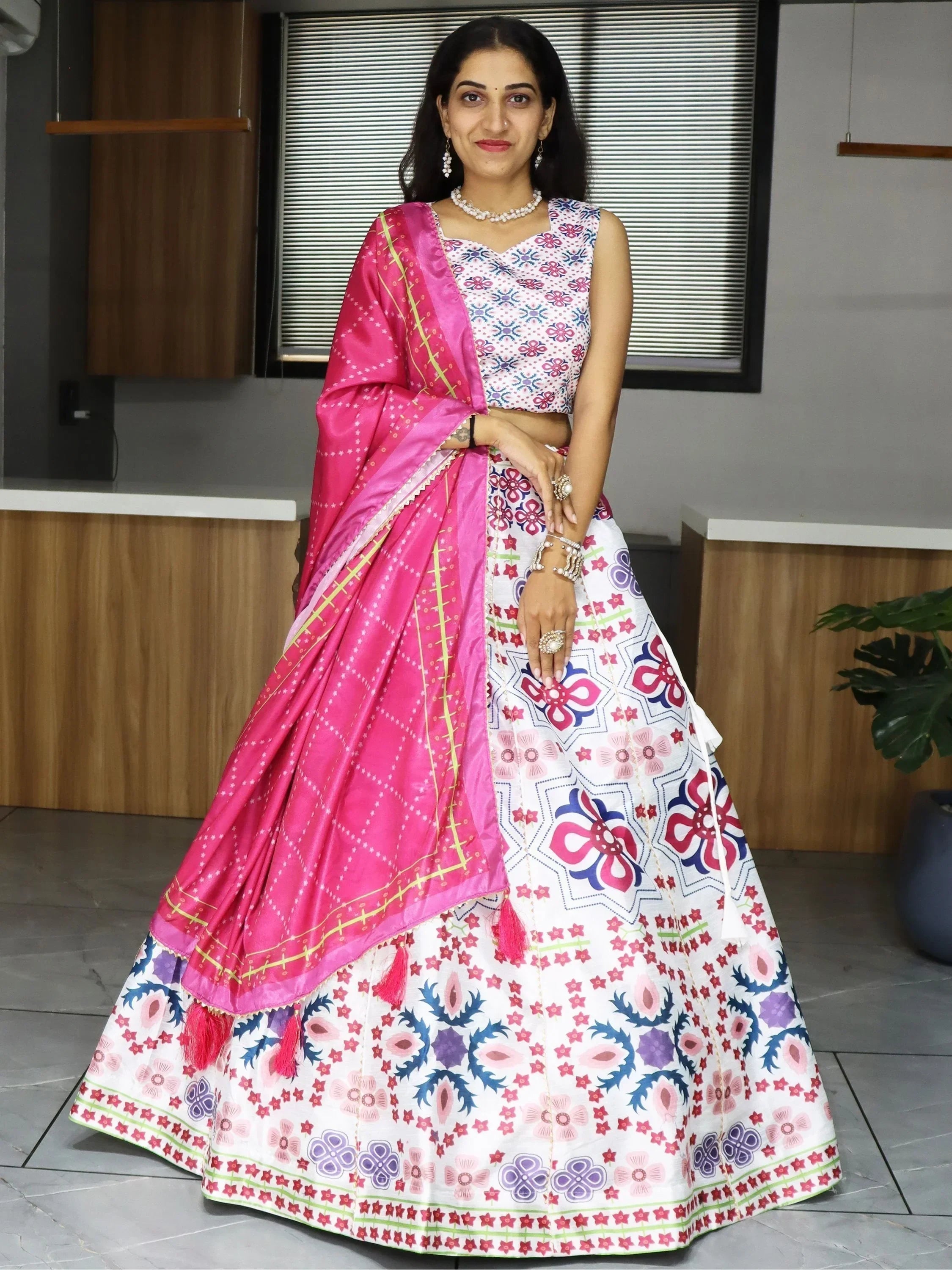 White Sweet Printed Art Silk Event Wear Lehenga Choli With Dupatta