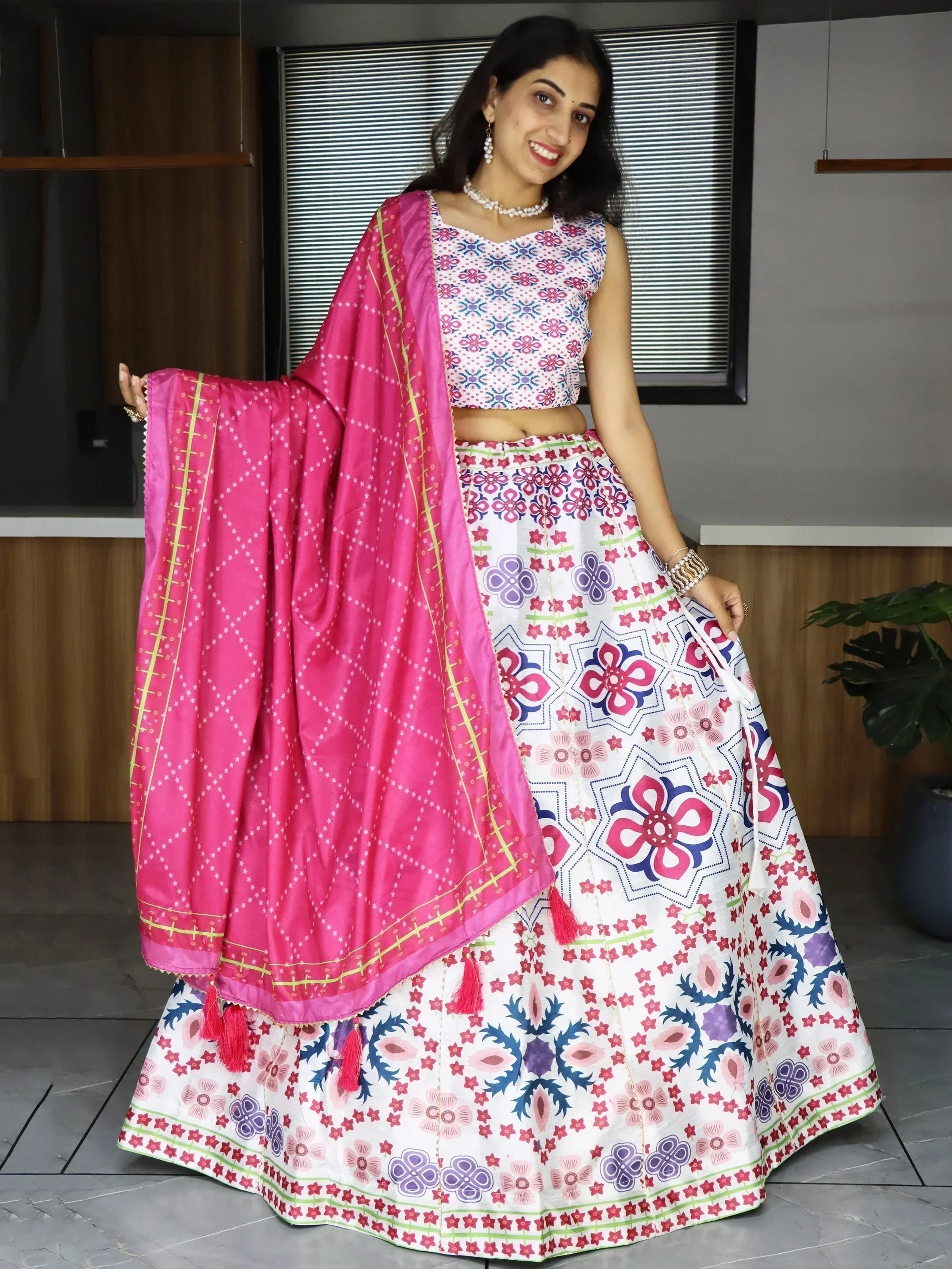 White Sweet Printed Art Silk Event Wear Lehenga Choli With Dupatta