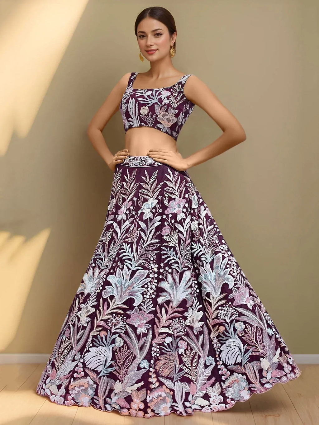 Dazzling Wine Sequins Net Engagement Wear Lehenga Choli