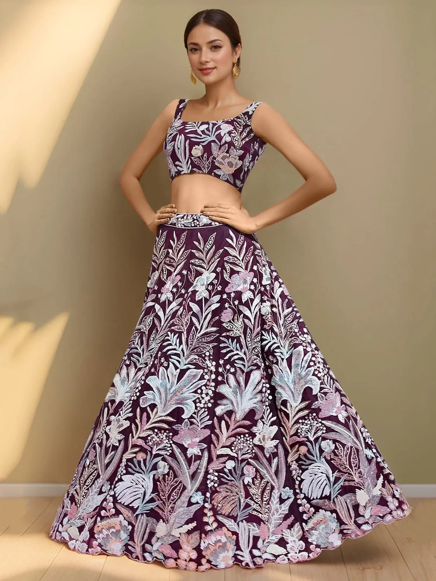 Dazzling Wine Sequins Net Engagement Wear Lehenga Choli