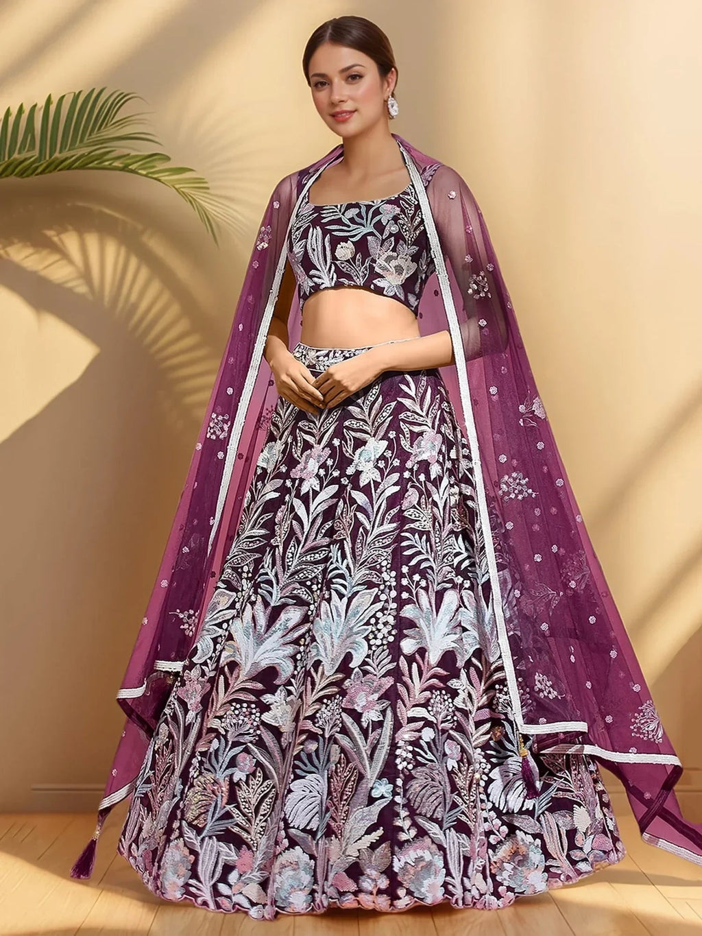 Dazzling Wine Sequins Net Engagement Wear Lehenga Choli
