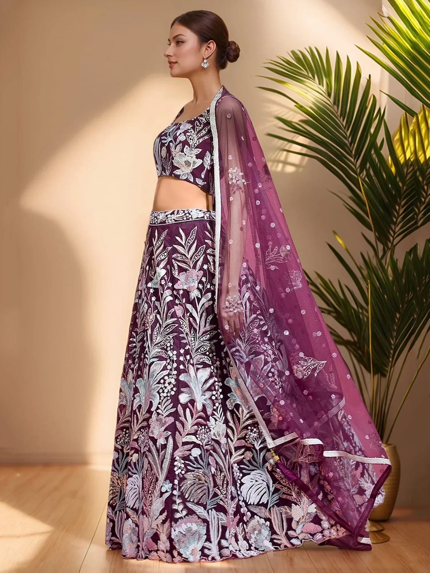 Dazzling Wine Sequins Net Engagement Wear Lehenga Choli