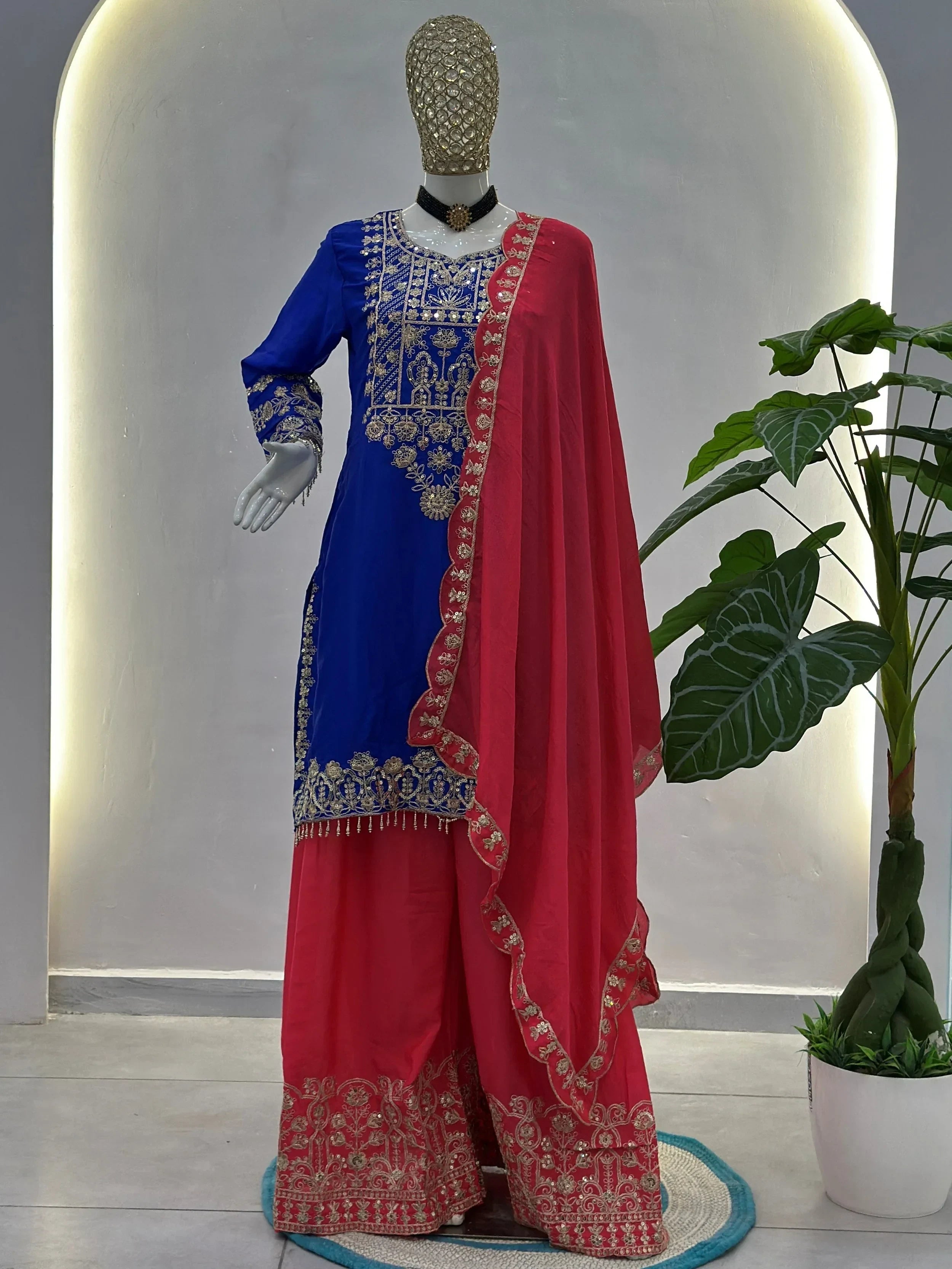 Blue Fabulous Embroidered Chinon Festival Wear Palazzo Suit