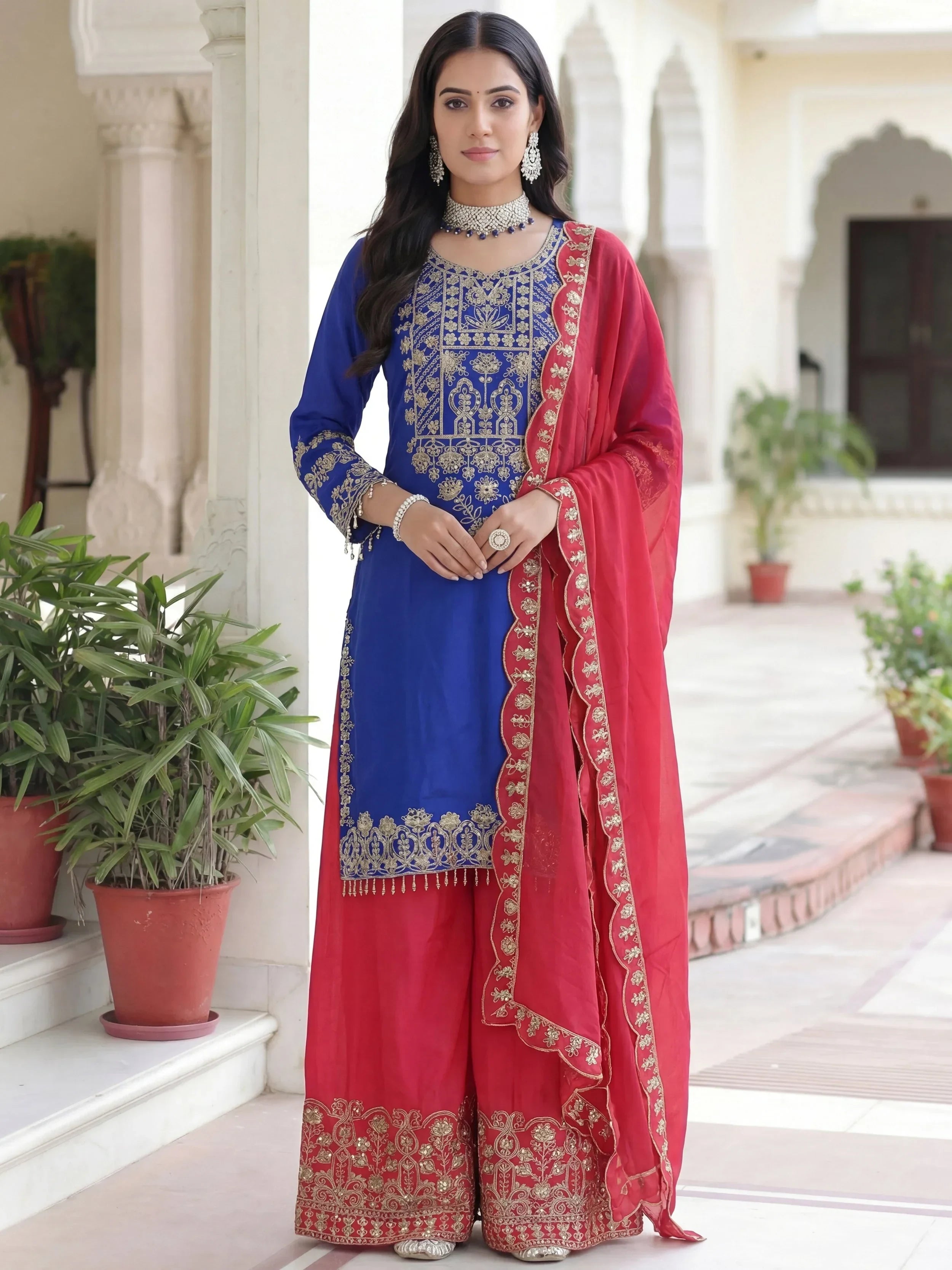 Blue Fabulous Embroidered Chinon Festival Wear Palazzo Suit