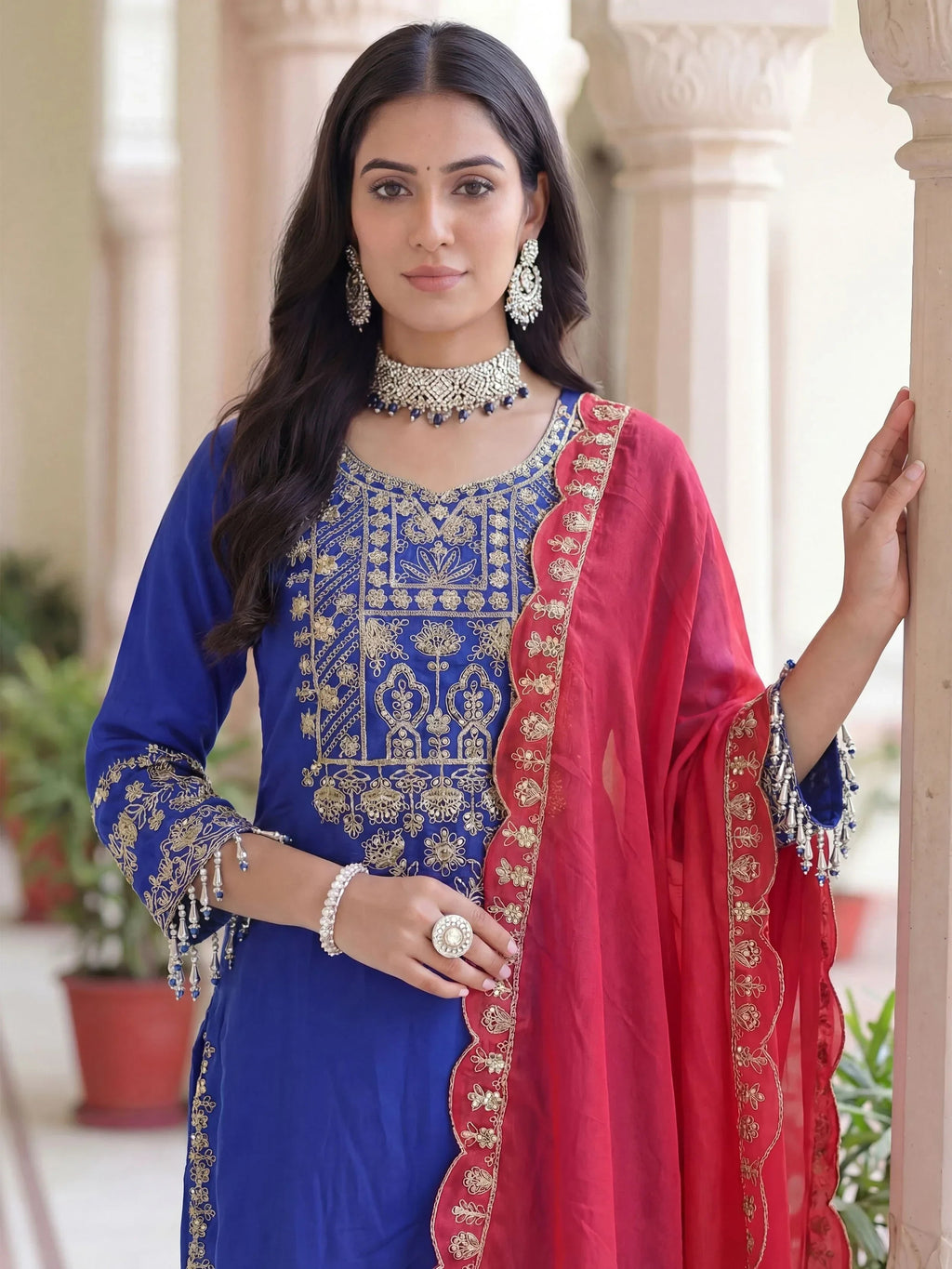 Blue Fabulous Embroidered Chinon Festival Wear Palazzo Suit