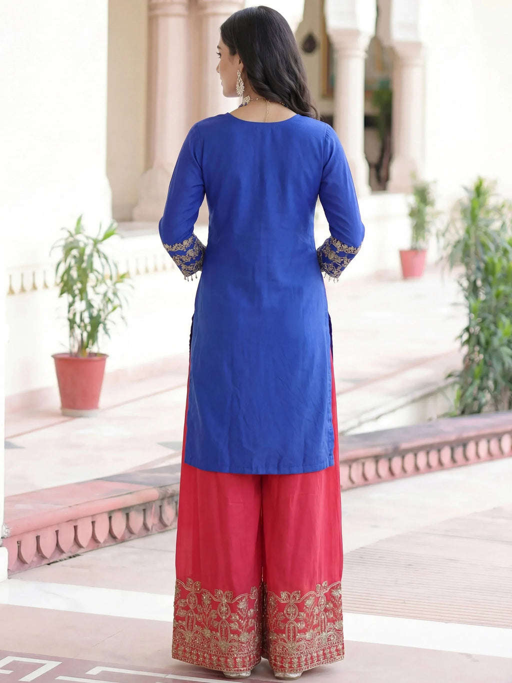 Blue Fabulous Embroidered Chinon Festival Wear Palazzo Suit