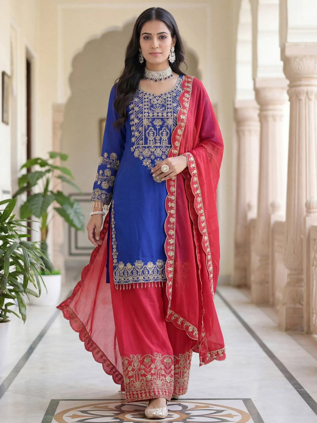 Blue Fabulous Embroidered Chinon Festival Wear Palazzo Suit