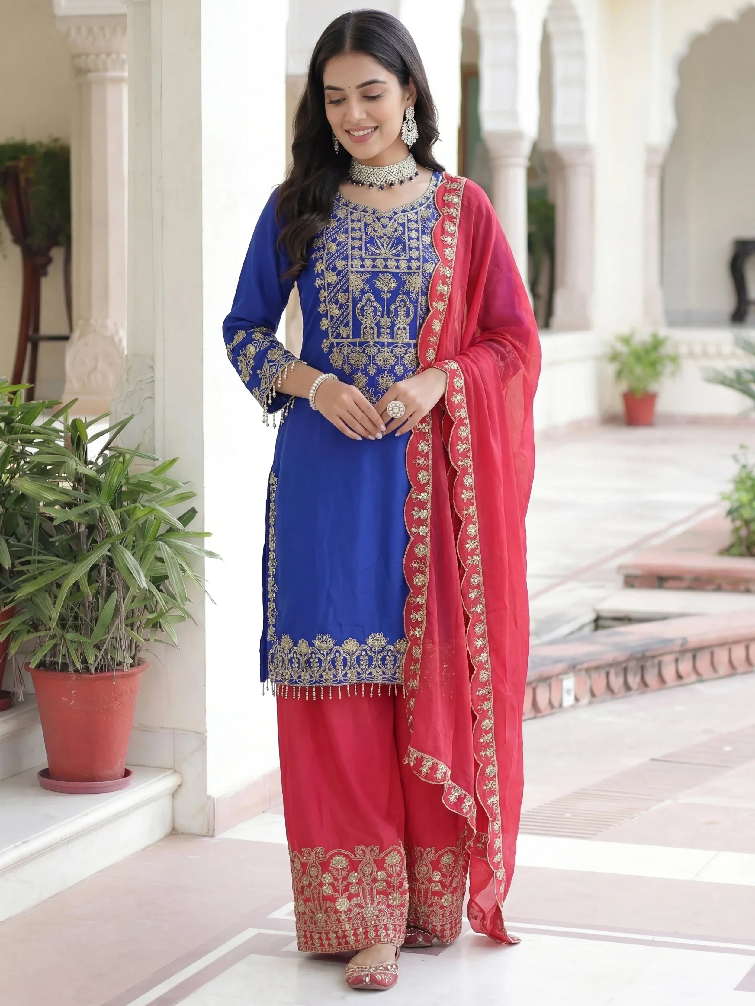 Blue Fabulous Embroidered Chinon Festival Wear Palazzo Suit