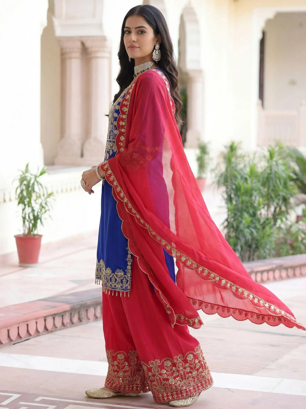 Blue Fabulous Embroidered Chinon Festival Wear Palazzo Suit