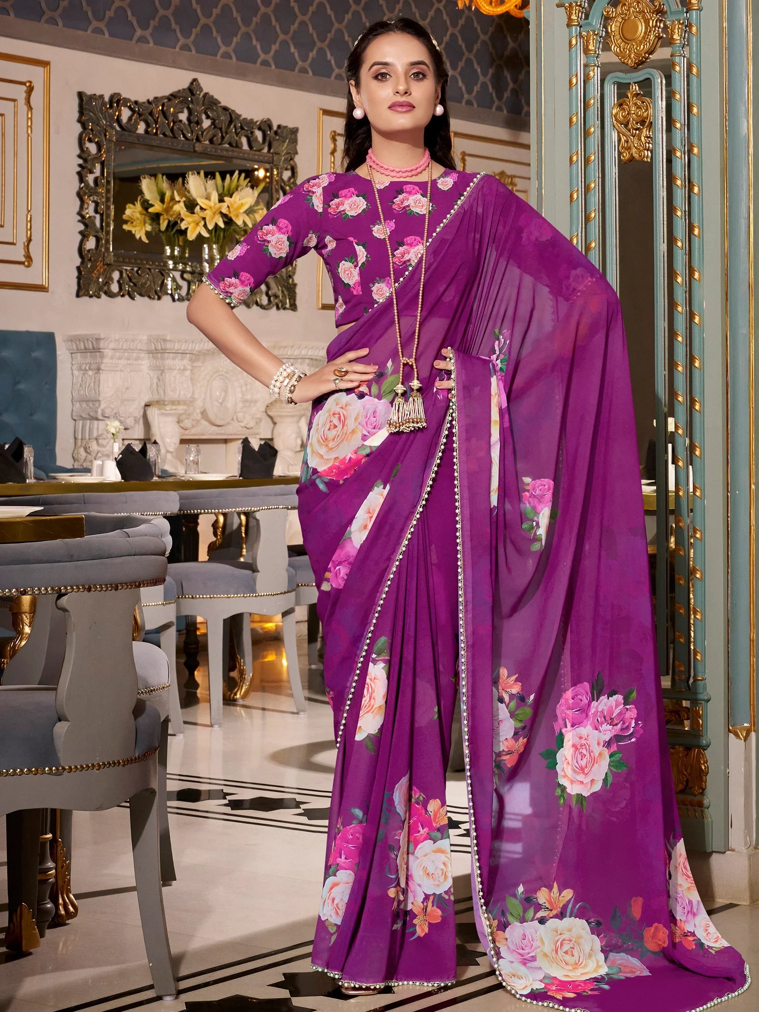 Purple Artistic Georgette Floral Printed Saree With Blouse
