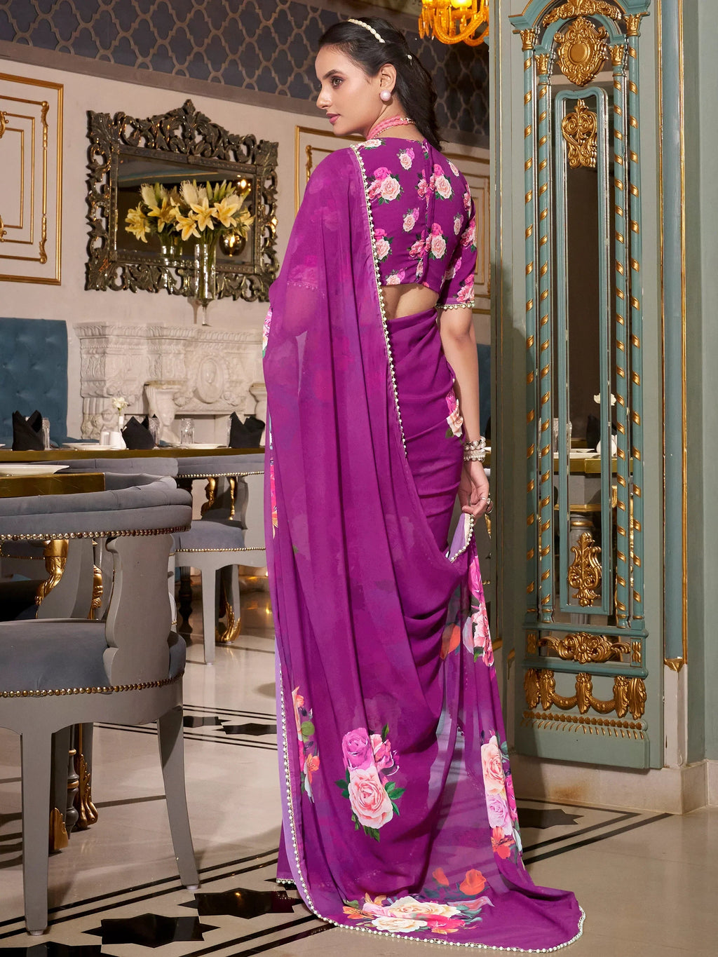 Purple Artistic Georgette Floral Printed Saree With Blouse