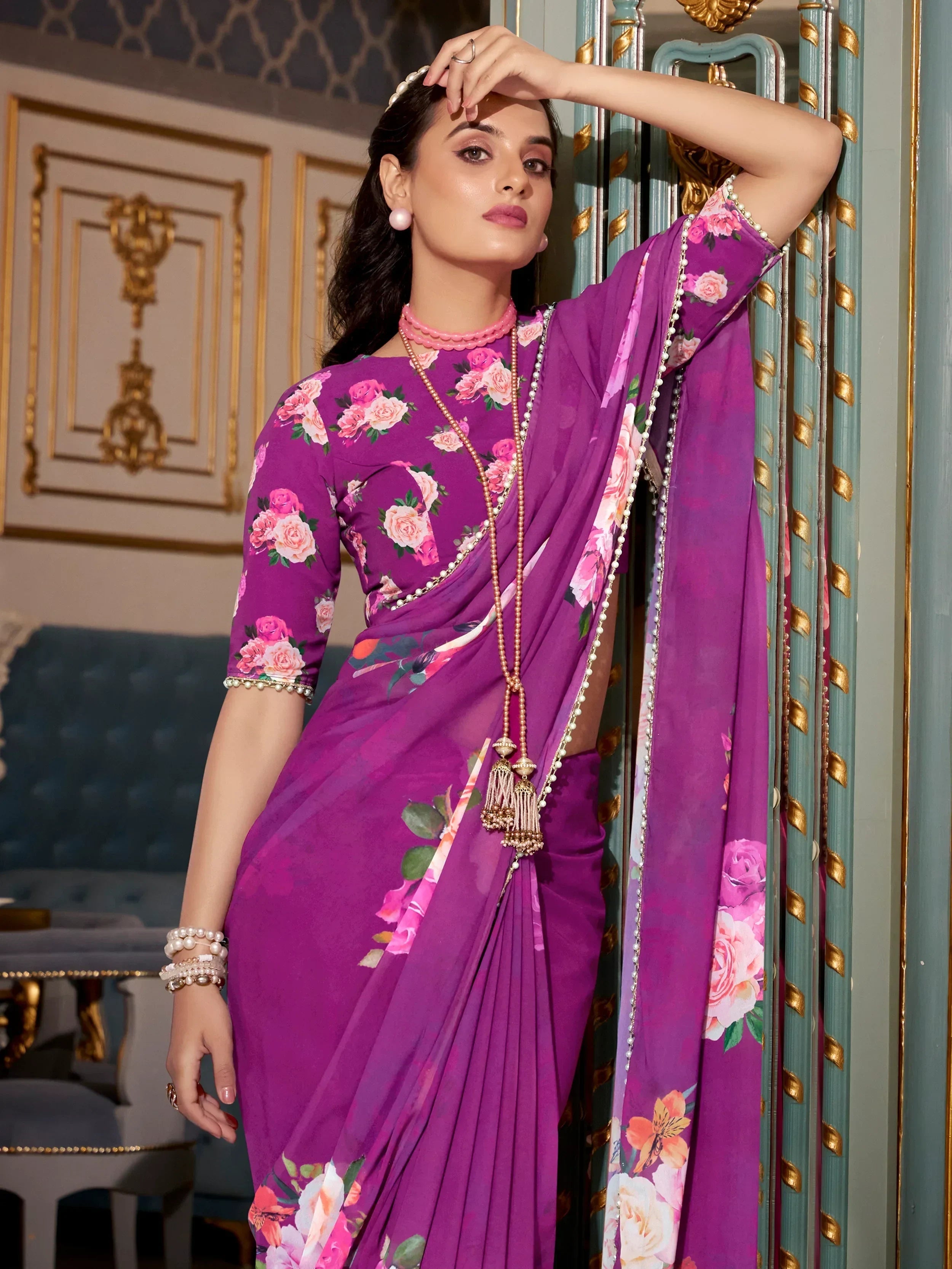 Purple Artistic Georgette Floral Printed Saree With Blouse