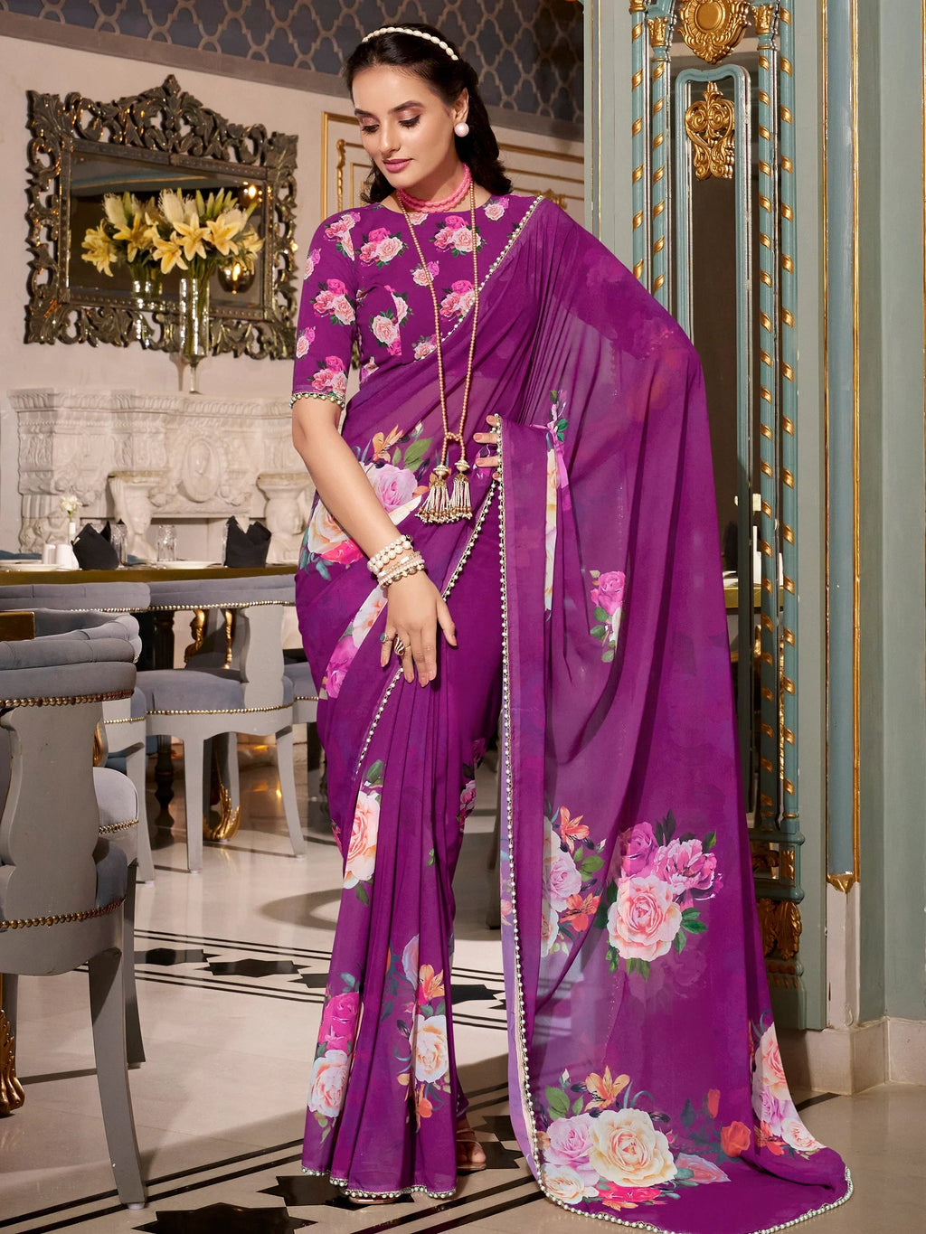 Purple Artistic Georgette Floral Printed Saree With Blouse