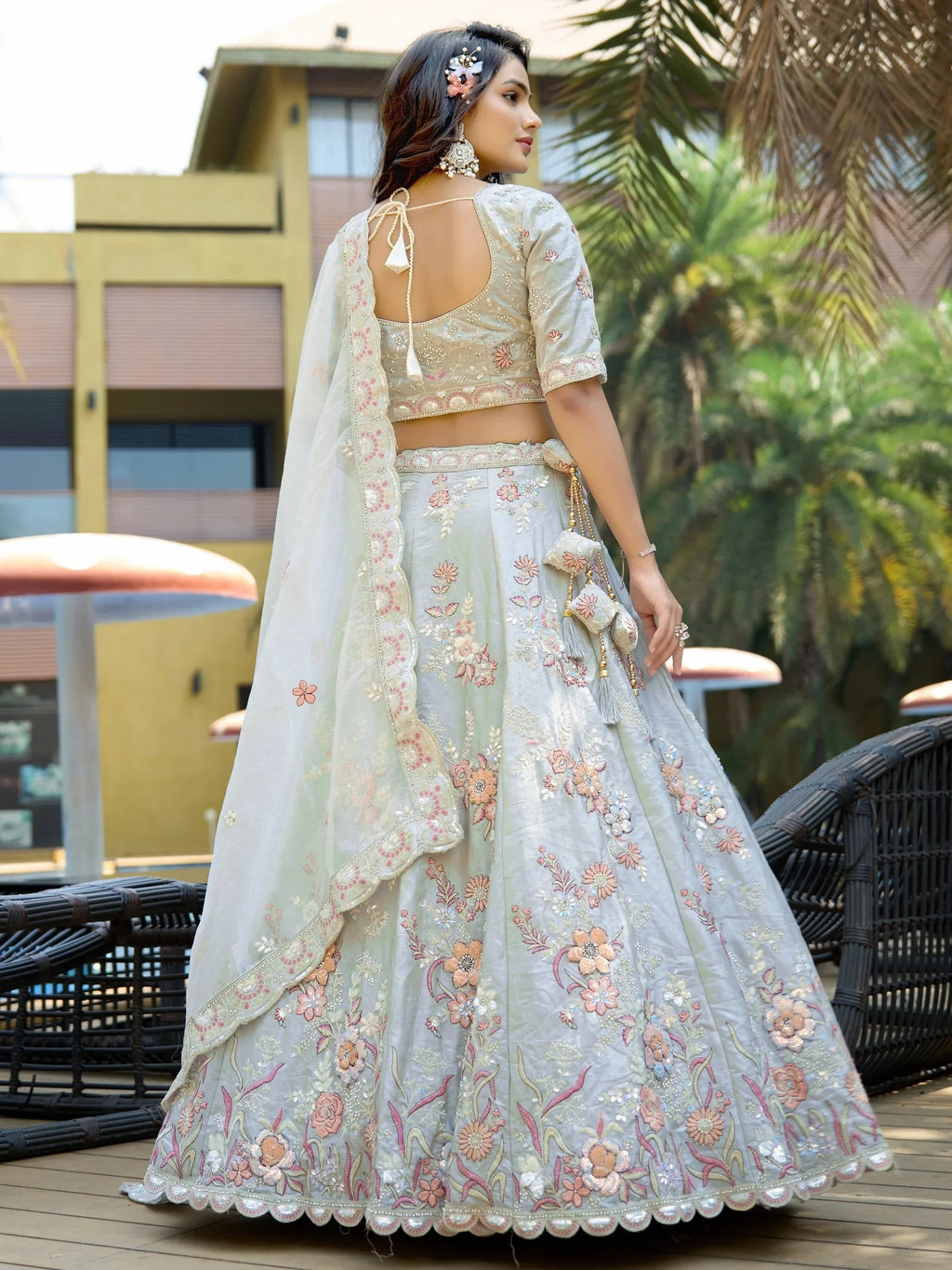 Delightful Light Grey Sequins Silk Reception Wear Lehenga With Blouse