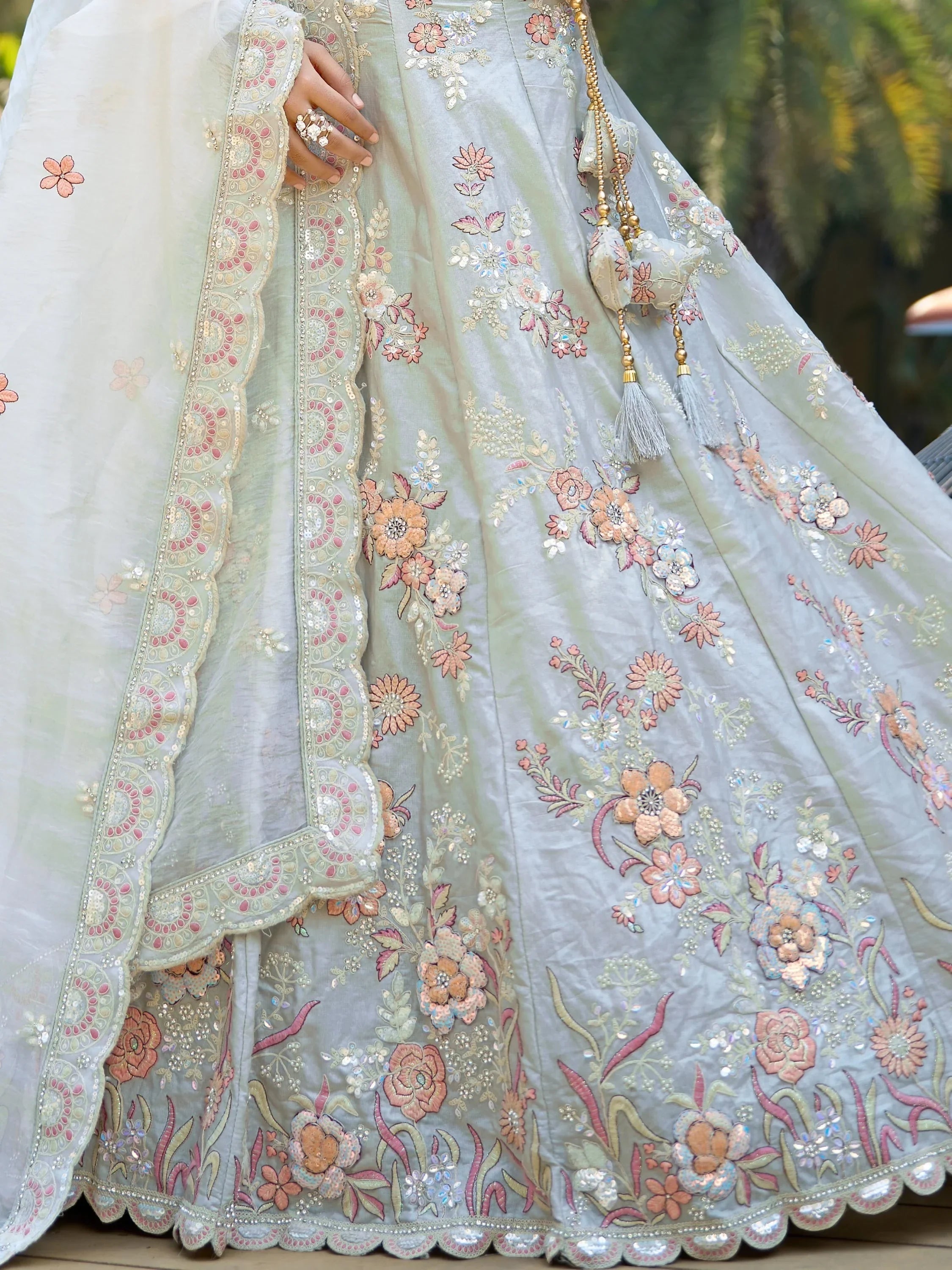 Delightful Light Grey Sequins Silk Reception Wear Lehenga With Blouse