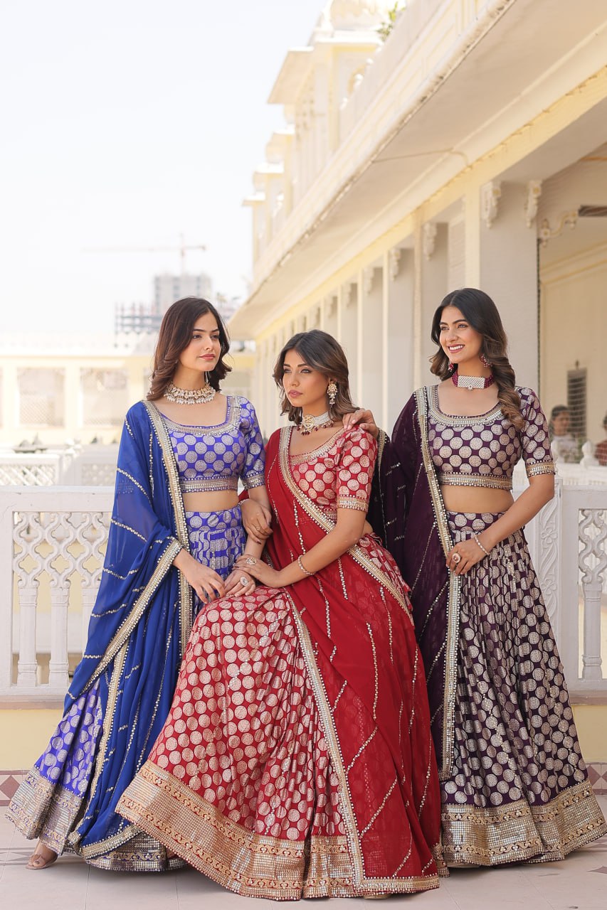 Designer Dyeable Viscose Jacquard Lehenga Choli with Sequins Embroidery