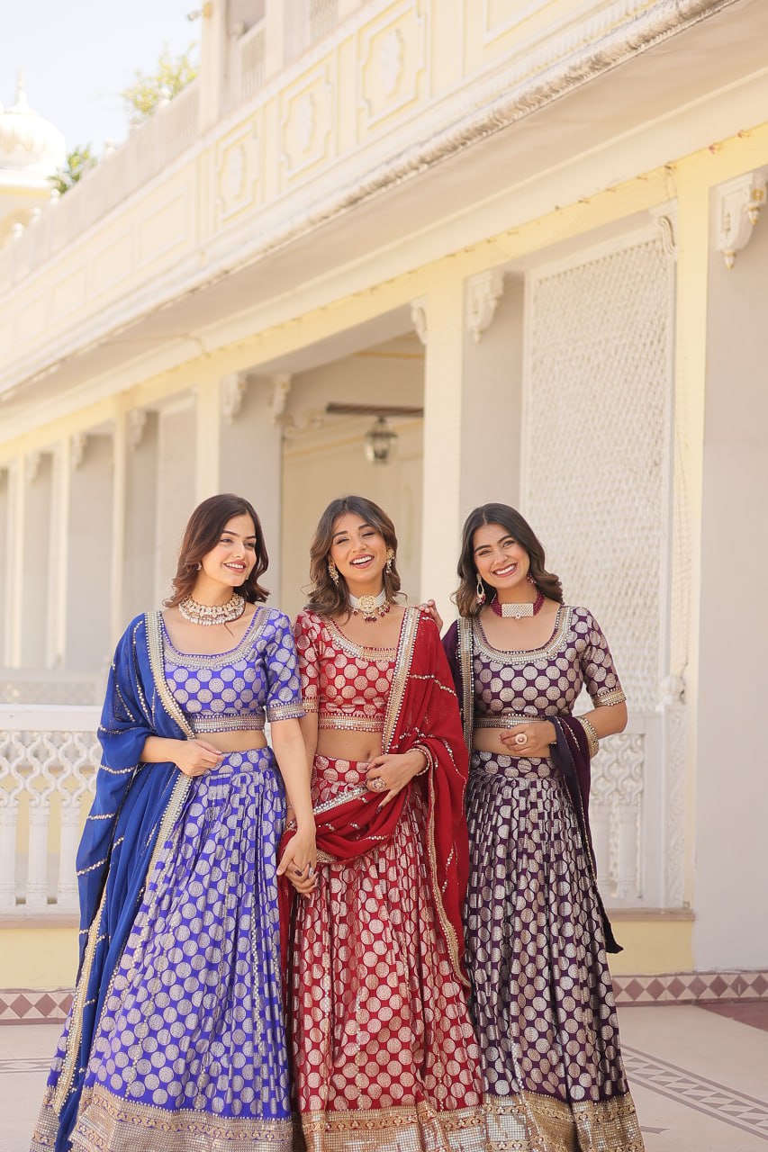 Designer Dyeable Viscose Jacquard Lehenga Choli with Sequins Embroidery