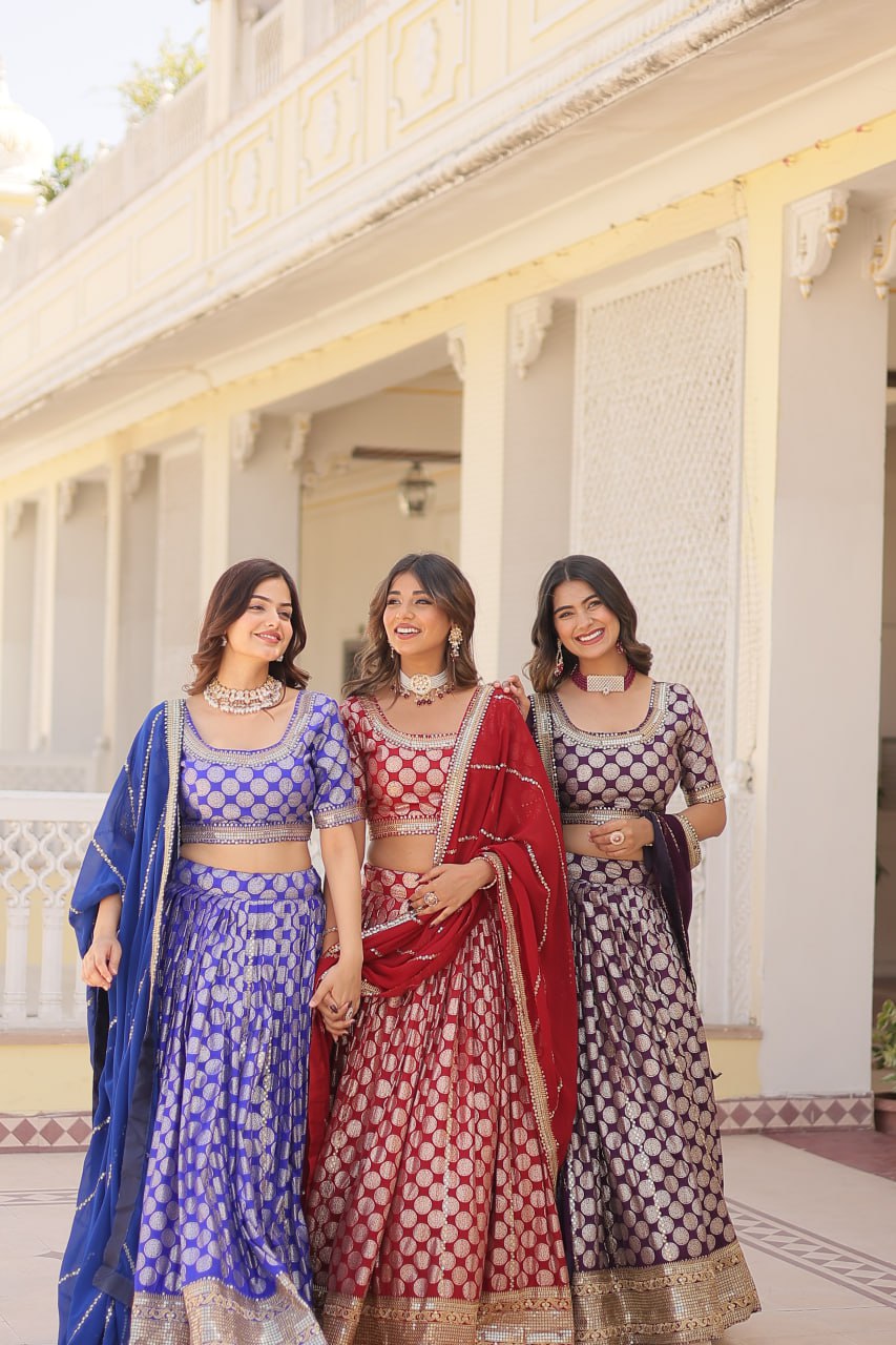 Designer Dyeable Viscose Jacquard Lehenga Choli with Sequins Embroidery