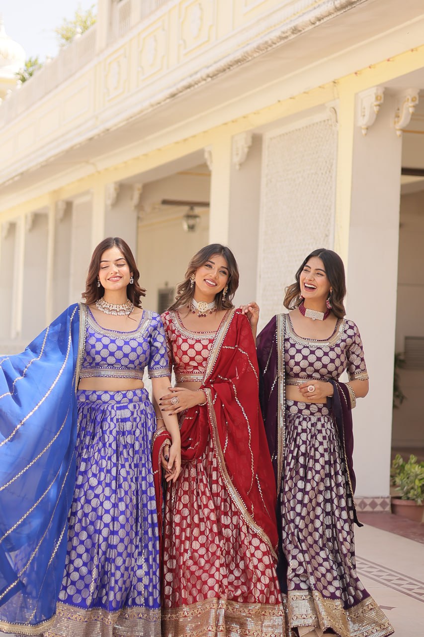 Designer Dyeable Viscose Jacquard Lehenga Choli with Sequins Embroidery